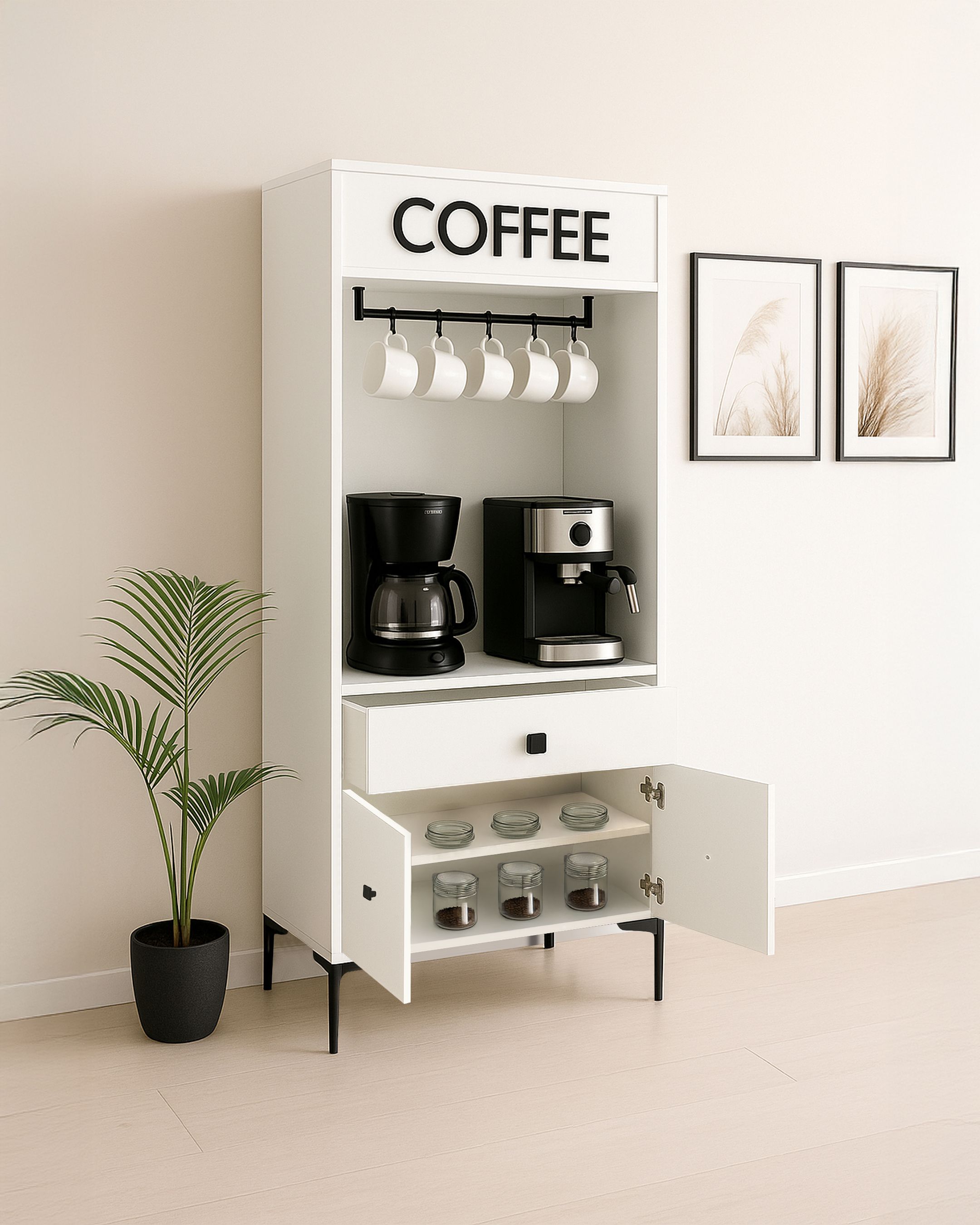 Beyaz Modern Kahve Köşesi – Raflı ve Bardak Askılı
