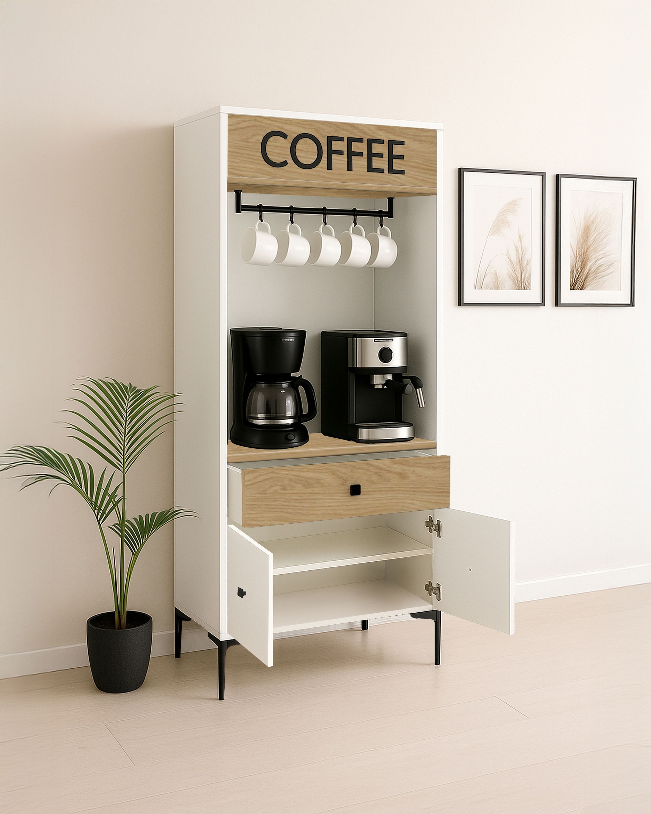 (Meşe) - Beyaz Modern Kahve Köşesi – Raflı ve Bardak Askılı