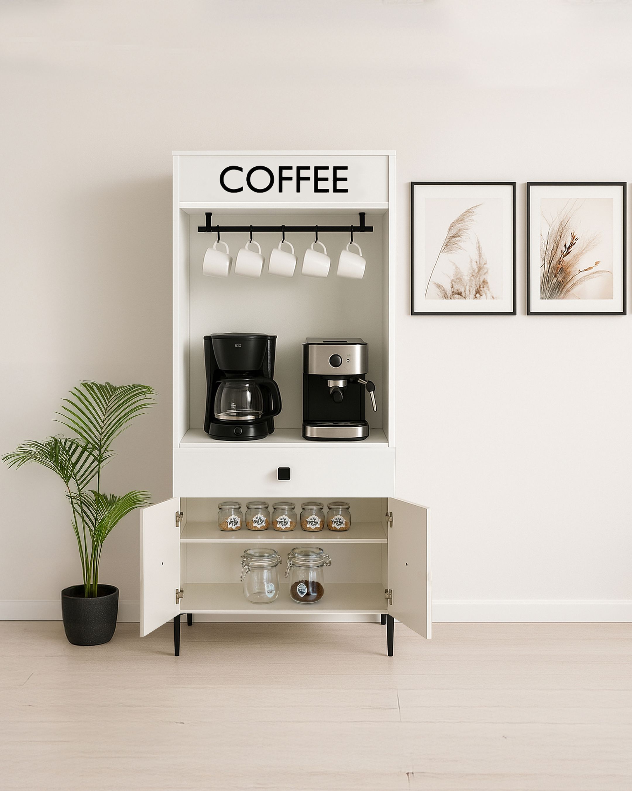Beyaz Modern Kahve Köşesi – Raflı ve Bardak Askılı