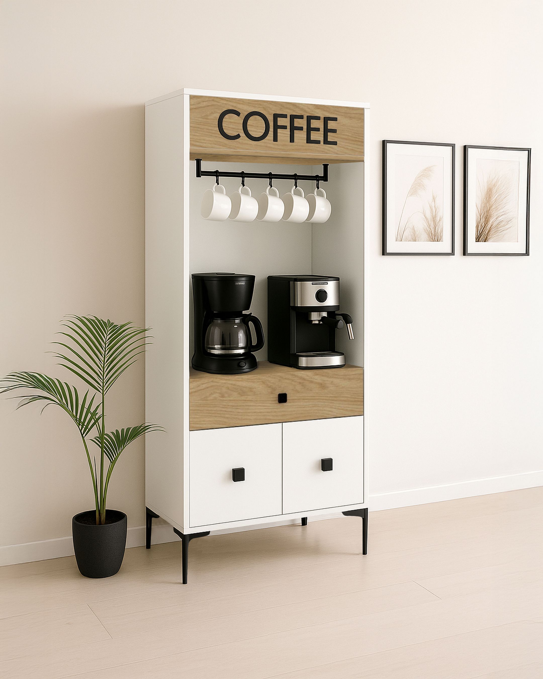 (Meşe) - Beyaz Modern Kahve Köşesi – Raflı ve Bardak Askılı