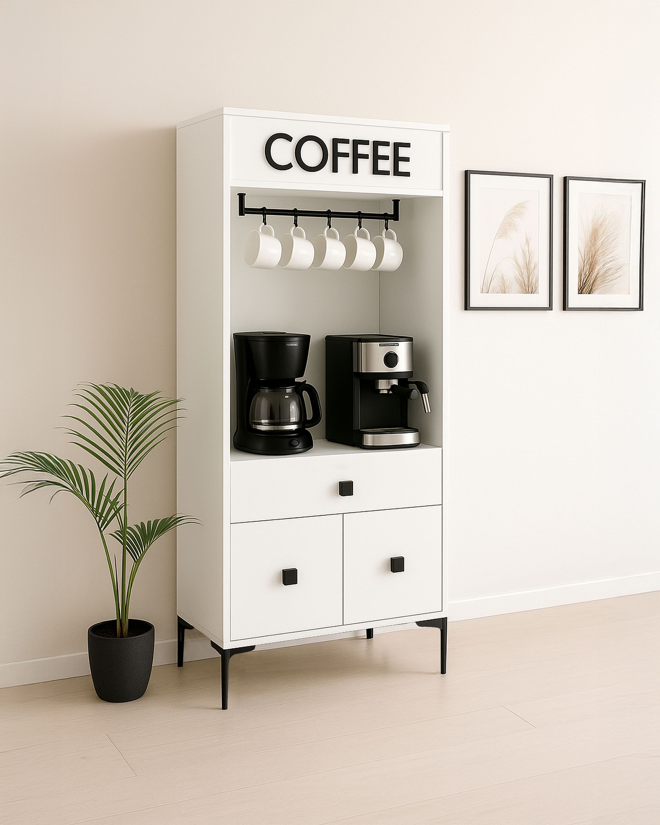 Beyaz Modern Kahve Köşesi – Raflı ve Bardak Askılı