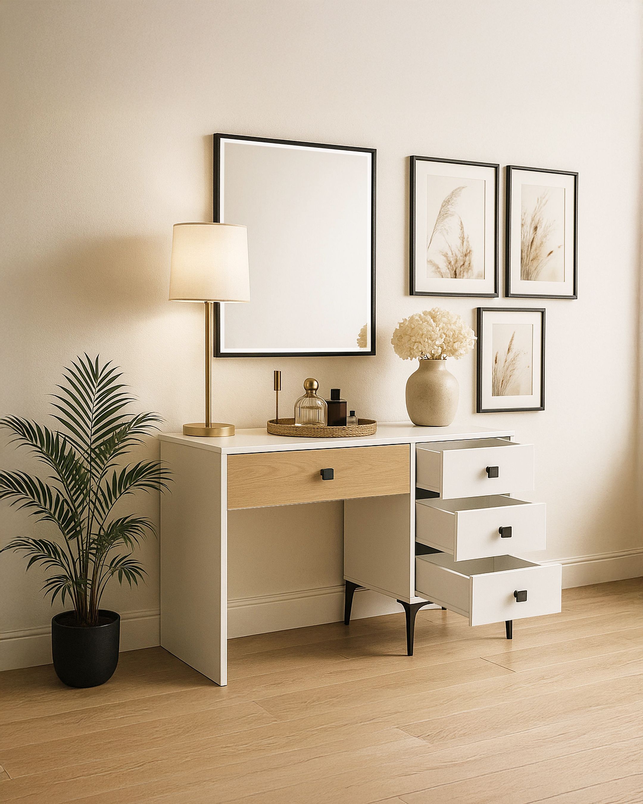 (Meşe) - Beyaz Modern Makyaj Masası – Çekmeceli ve Aynalı