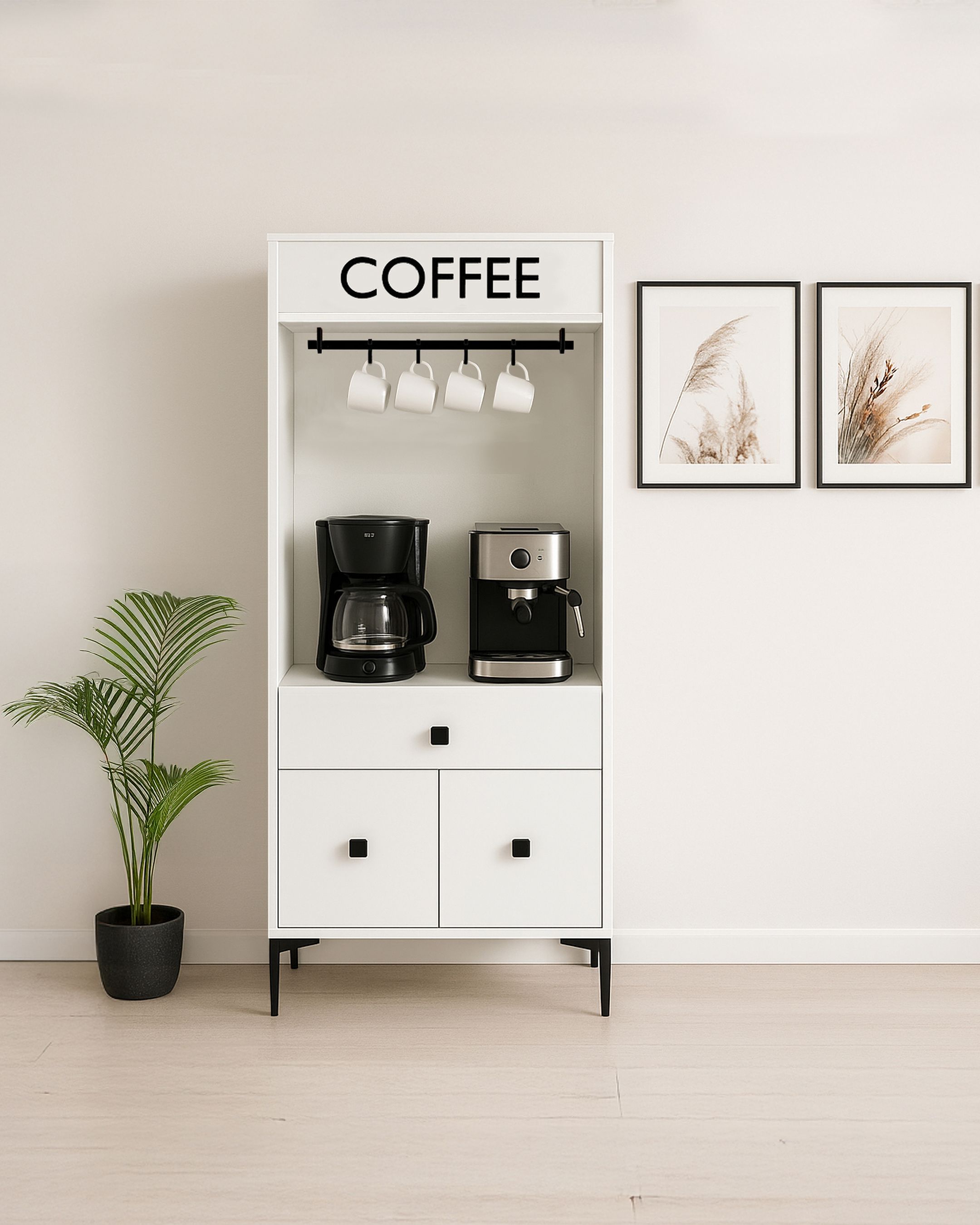 Beyaz Modern Kahve Köşesi – Raflı ve Bardak Askılı