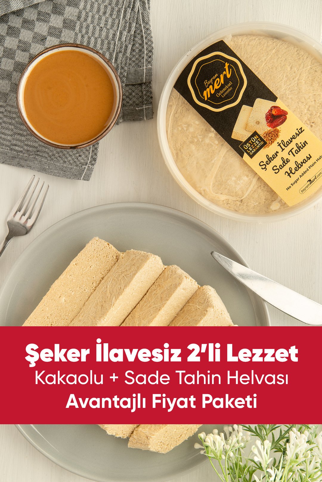 Şeker İlavesiz İkili Helva Paketi – Kakaolu + Sade (450 Gr x 2)