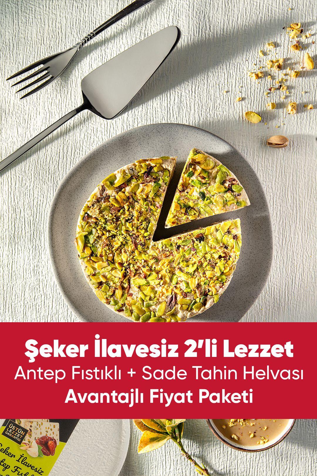Şeker İlavesiz İkili Helva Paketi – Antep Fıstıklı + Sade (450 Gr x 2)