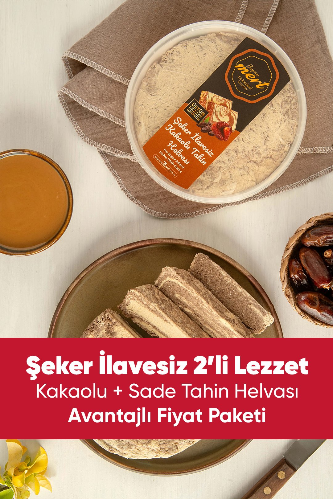 Şeker İlavesiz İkili Helva Paketi – Kakaolu + Sade (450 Gr x 2)