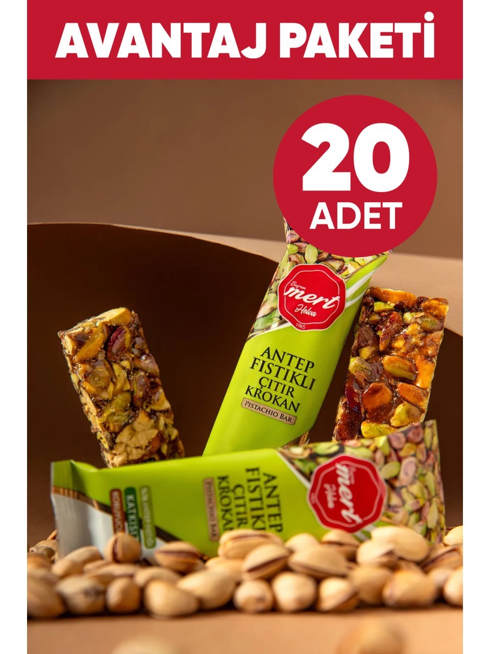 Şeker İlavesiz Antep Fıstıklı Çıtır Krokan Bar (20'li Avantaj Paket)