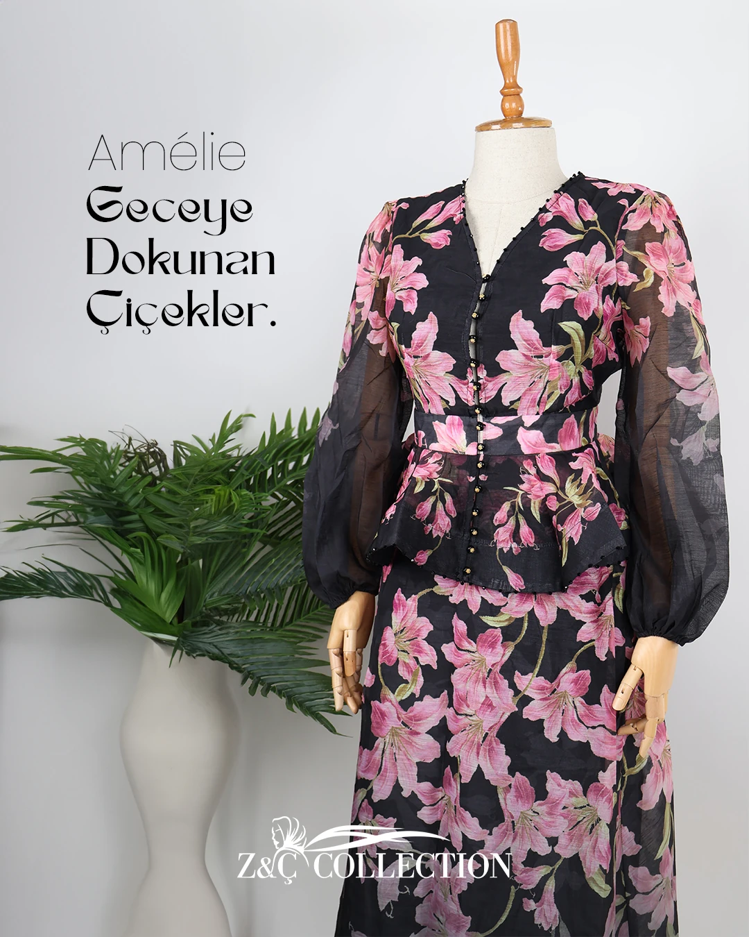 Amélie Siyah Pembe Çiçekli Etekli Takım