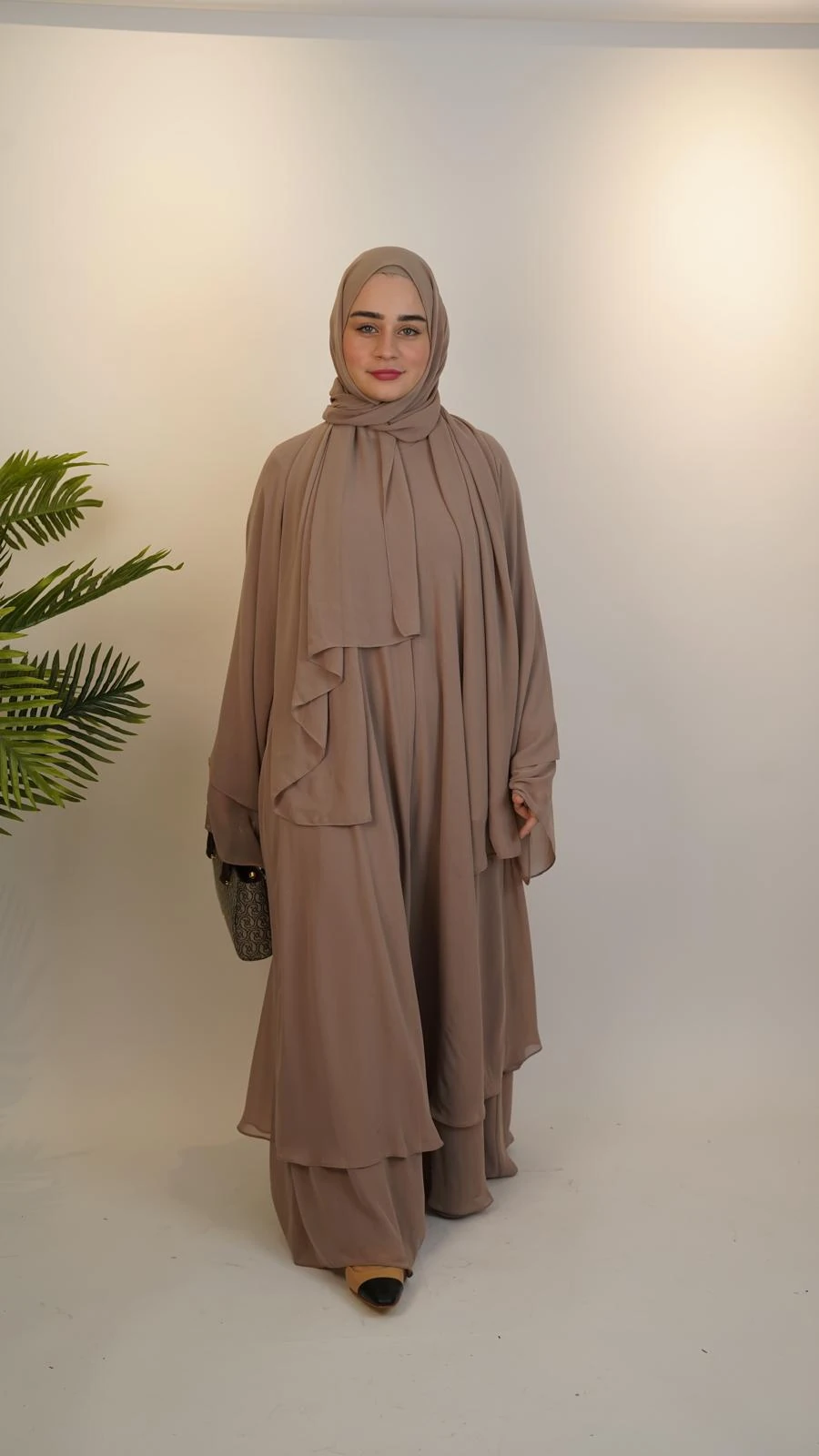 Çift Kat Özel Dikim Abaya Vizon