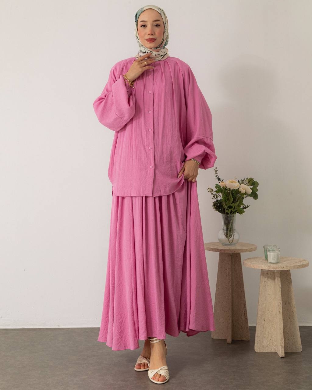 Düğmeli etekli pembe takım