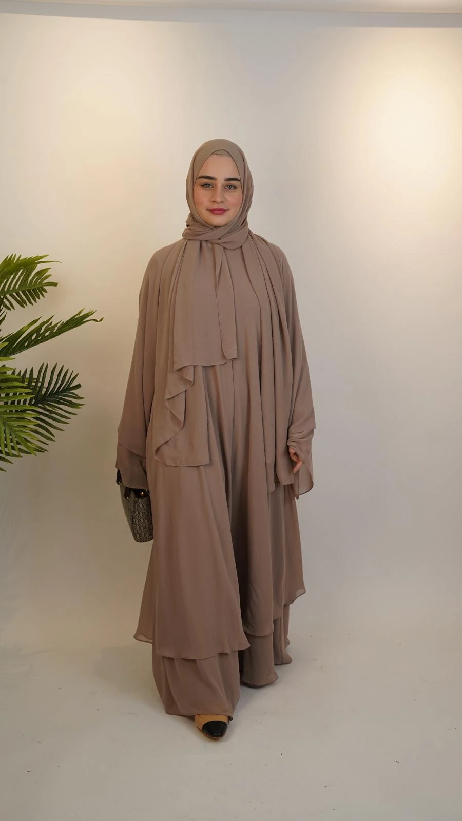 Çift Kat Özel Dikim Abaya Vizon