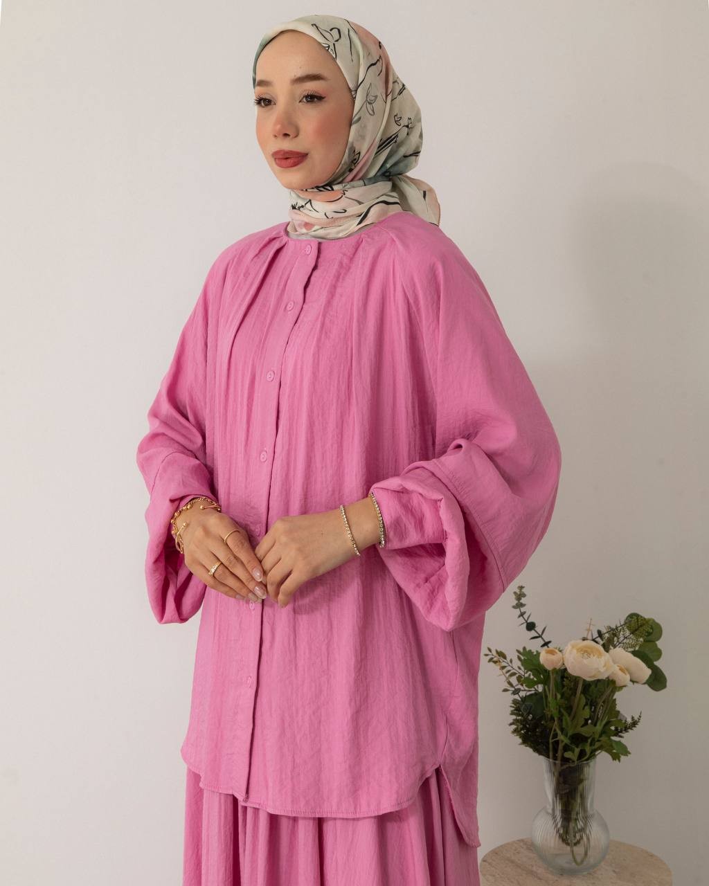 Düğmeli etekli pembe takım