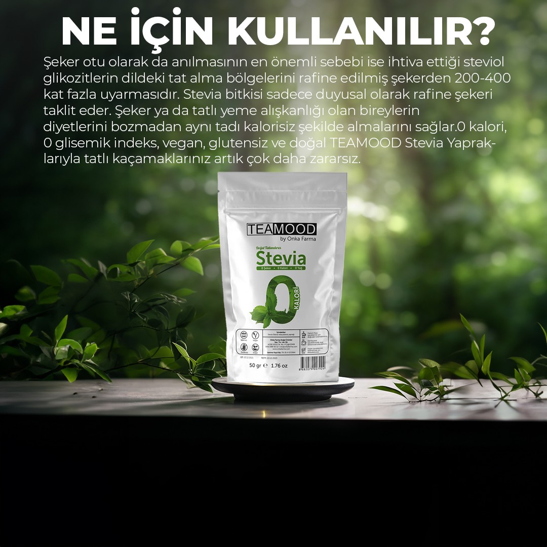 TEAMOOD Stevia Doğal Tatlandırıcı Şeker Otu Yağı - Şekersiz Kalorisiz Yağsız Vegan Stevya Yaprağı - 50 gr