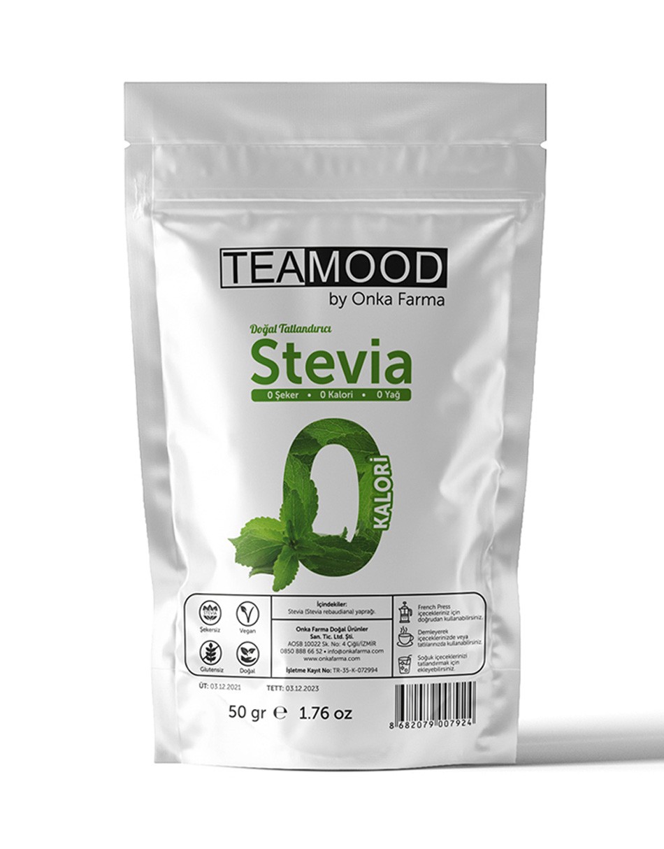 TEAMOOD Stevia Doğal Tatlandırıcı Şeker Otu Yağı - Şekersiz Kalorisiz Yağsız Vegan Stevya Yaprağı - 50 gr