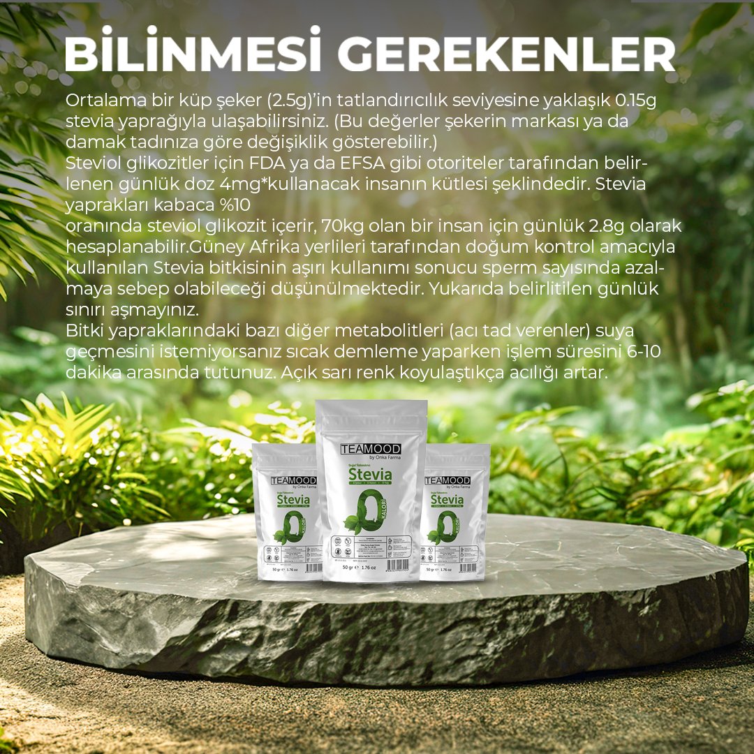 TEAMOOD Stevia Doğal Tatlandırıcı Şeker Otu Yağı - Şekersiz Kalorisiz Yağsız Vegan Stevya Yaprağı - 50 gr