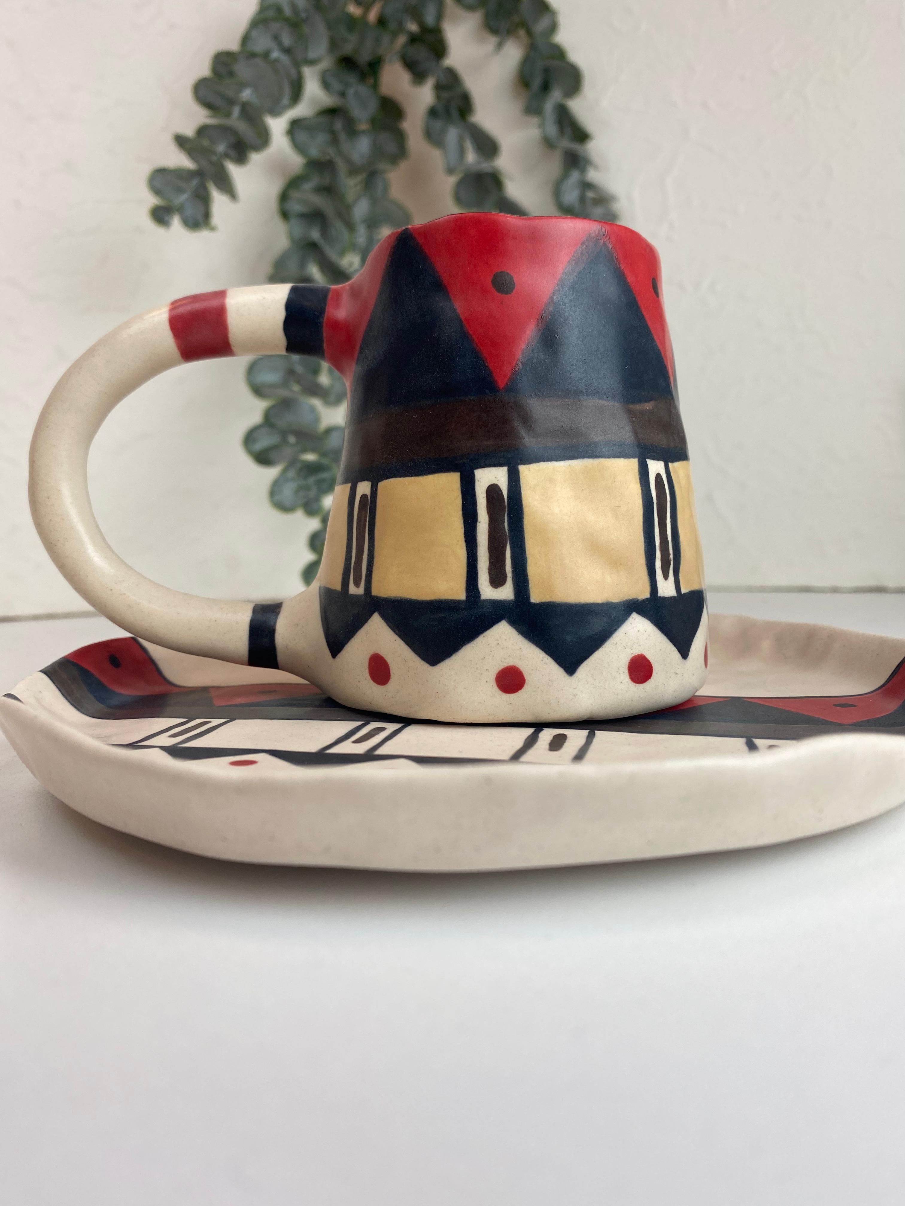 El Yapımı Stoneware Kahve Seti Etnik Desen ve Mat doku (230 ml Fincan)