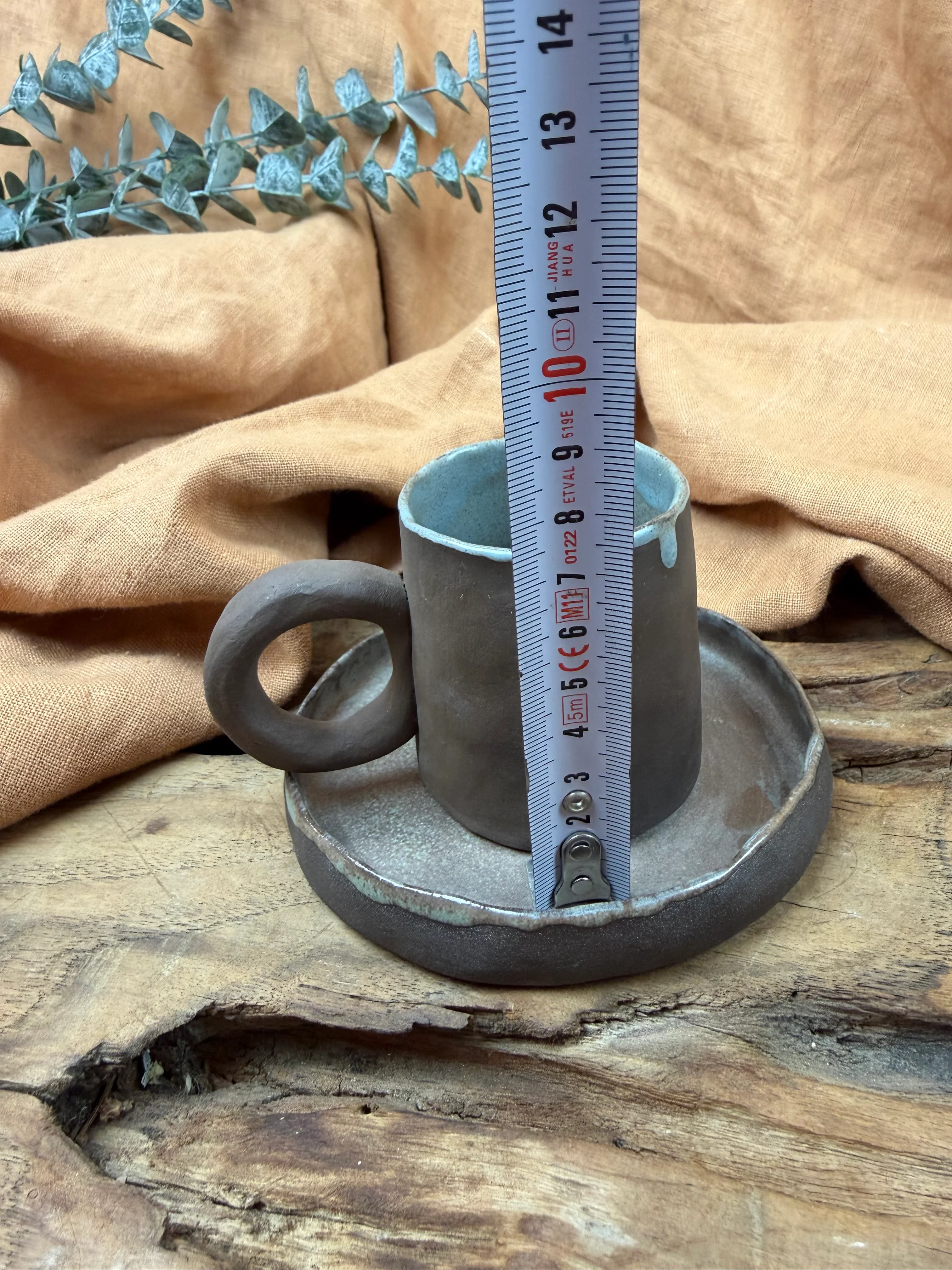 El Yapımı Stoneware Kahve Seti (100 ml, Koyu Kahverengi & Eskitme Mavi Tonları)