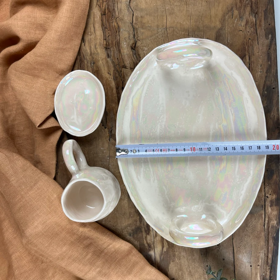 El Yapımı Sedef Lüsterli 3’lü Kahve Sunum Takımı – Fincan, Tabak &amp; Tepsi