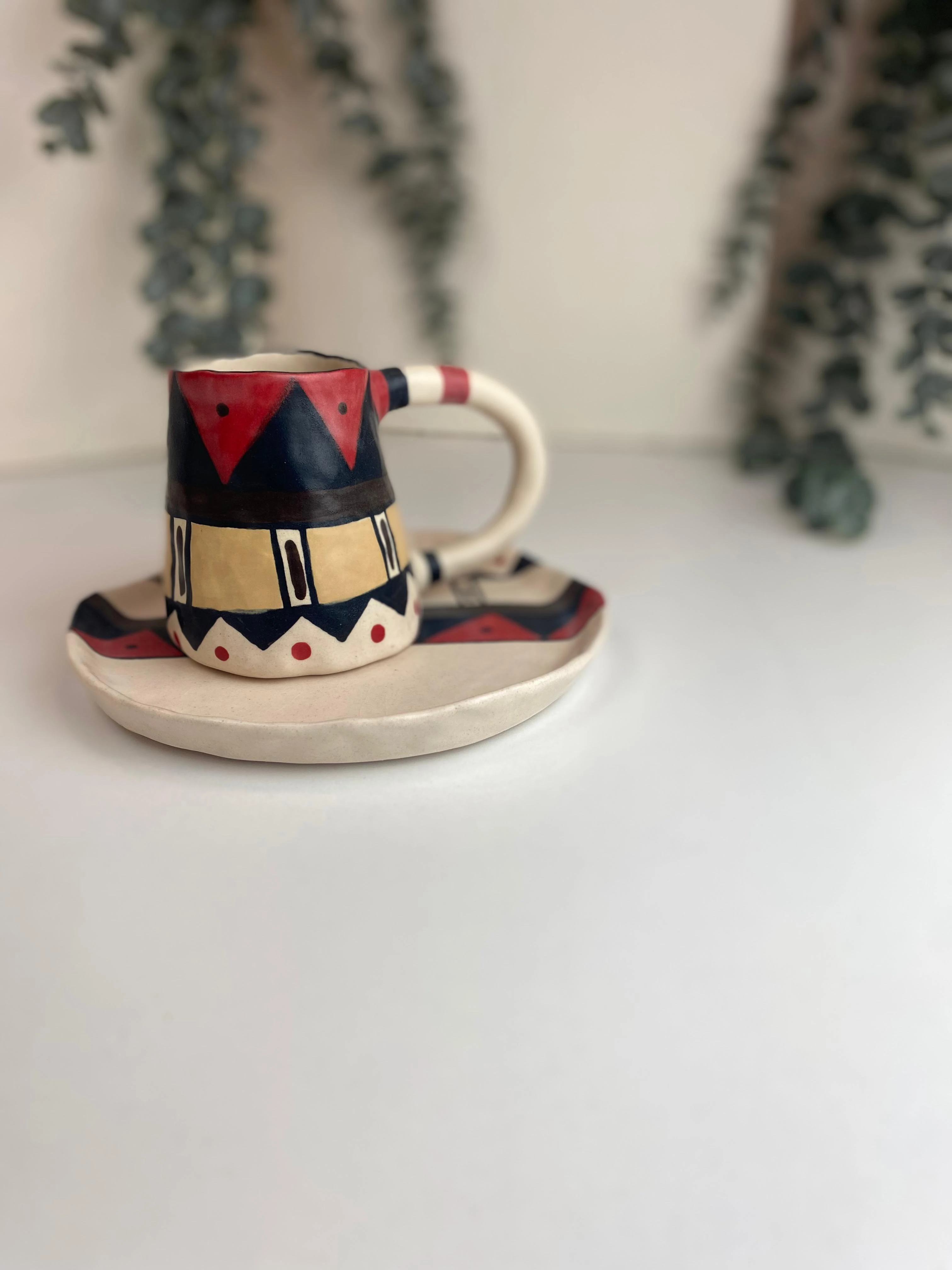 El Yapımı Stoneware Kahve Seti Etnik Desen ve Mat doku (230 ml Fincan)