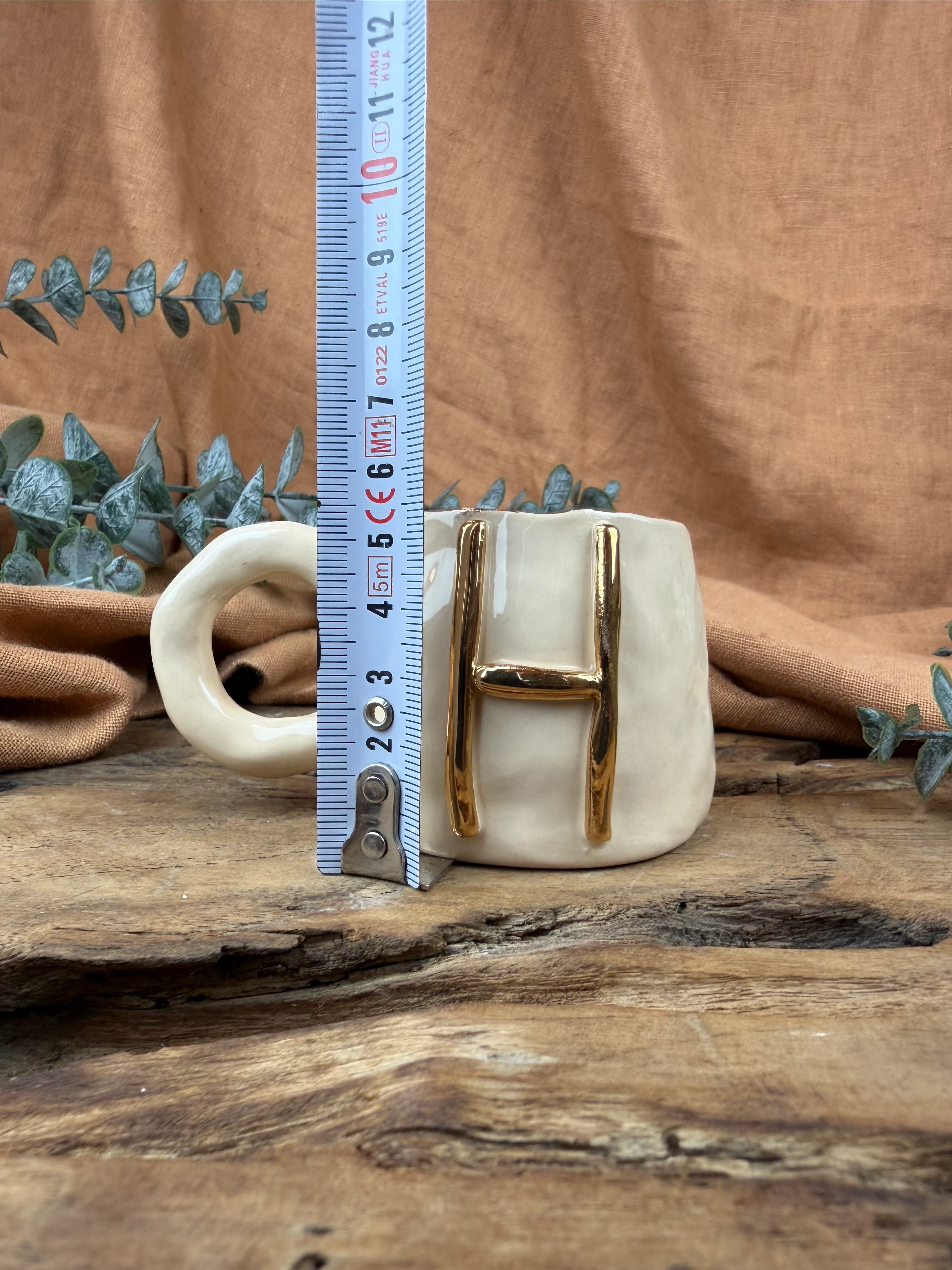 24k Altın “H” Harfli El Yapımı Stoneware Seramik 100ml fincan