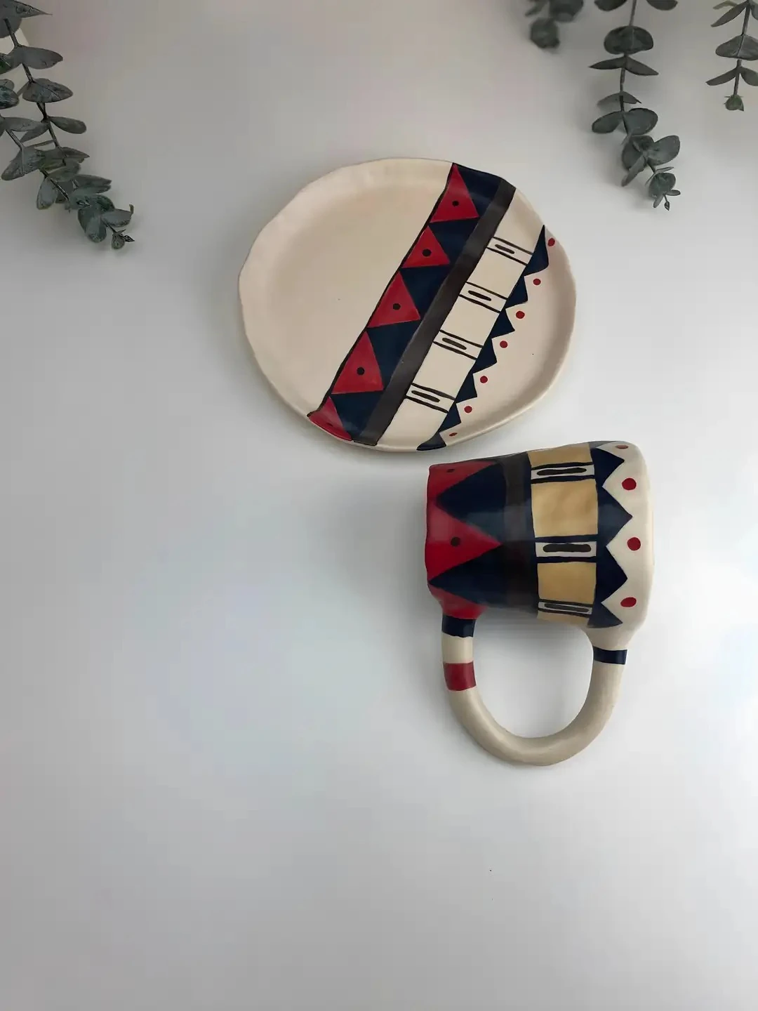 El Yapımı Stoneware Kahve Seti Etnik Desen ve Mat doku (230 ml Fincan)