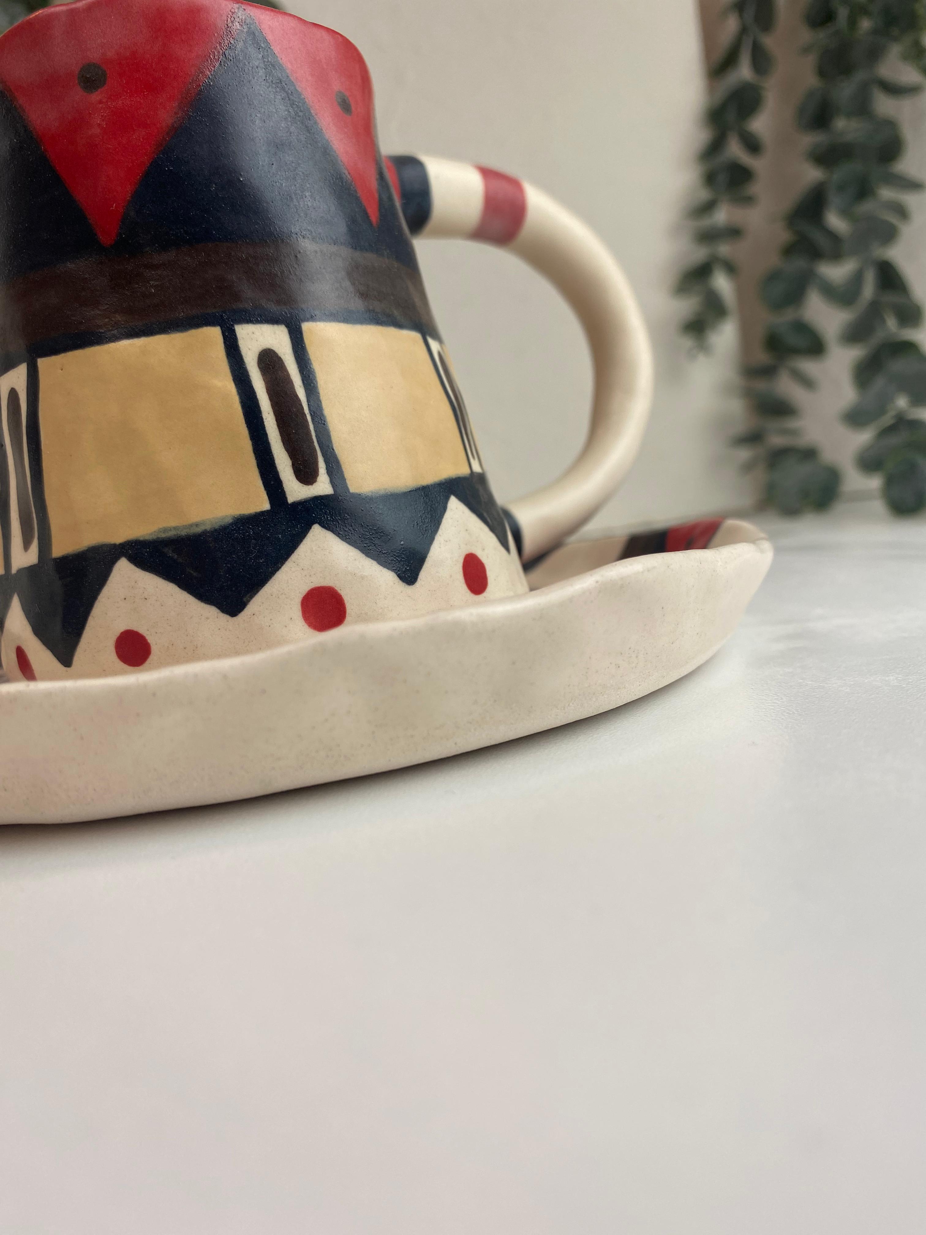 El Yapımı Stoneware Kahve Seti Etnik Desen ve Mat doku (230 ml Fincan)