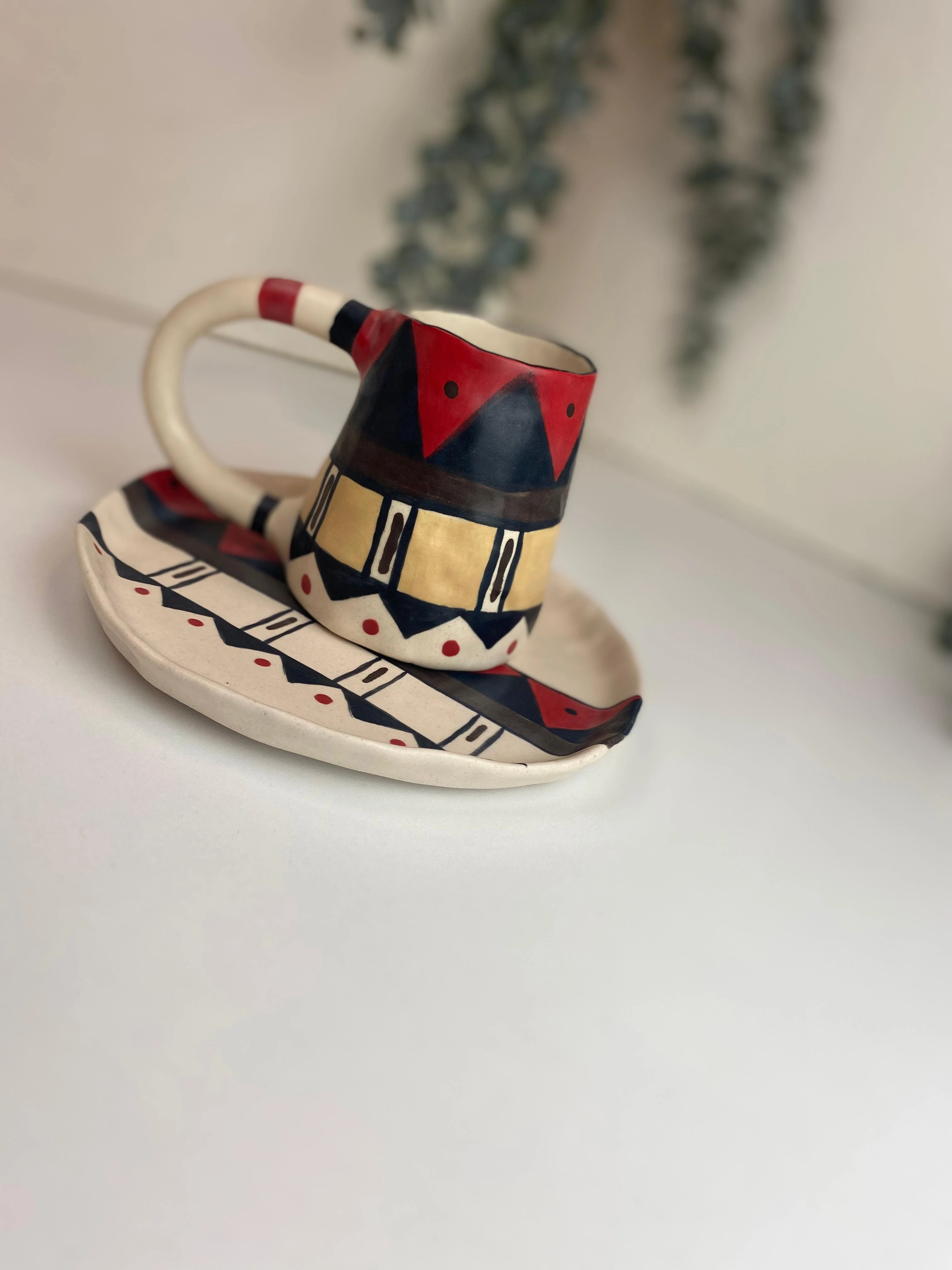 El Yapımı Stoneware Kahve Seti Etnik Desen ve Mat doku (230 ml Fincan)