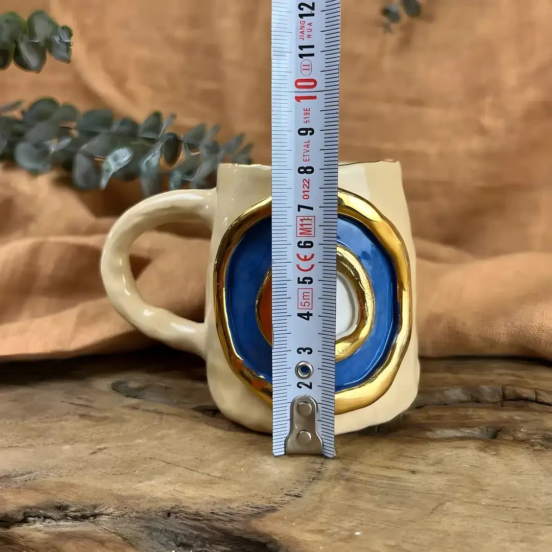 El Yapımı Stoneware Kahve Fincanı 220 ml (Nazar Boncuğu, 24K Altın Detaylı)