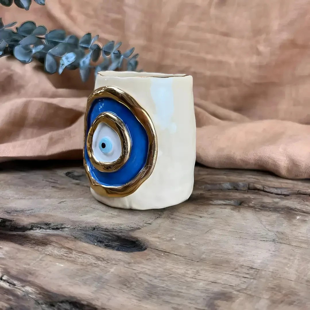 El Yapımı Stoneware Kahve Fincanı 220 ml (Nazar Boncuğu, 24K Altın Detaylı)