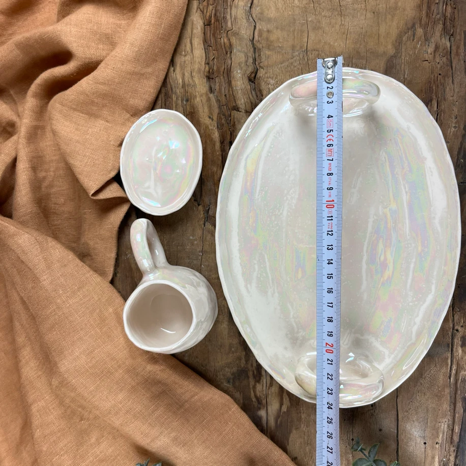 El Yapımı Sedef Lüsterli 3’lü Kahve Sunum Takımı – Fincan, Tabak &amp; Tepsi