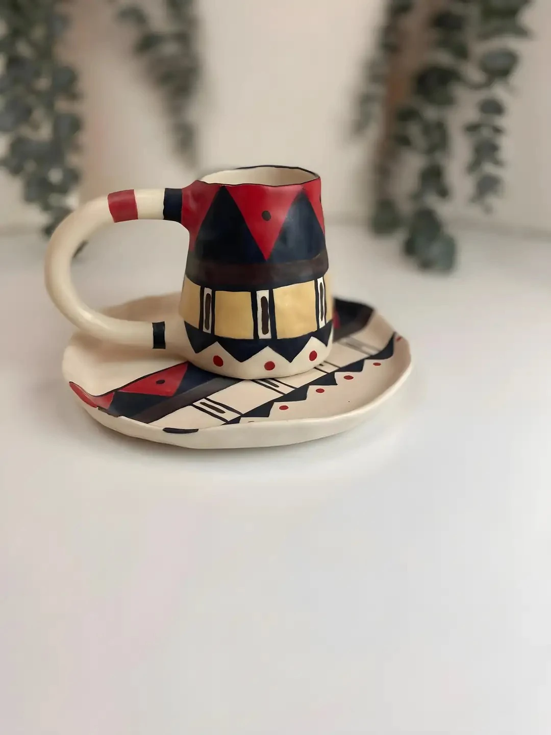 El Yapımı Stoneware Kahve Seti Etnik Desen ve Mat doku (230 ml Fincan)