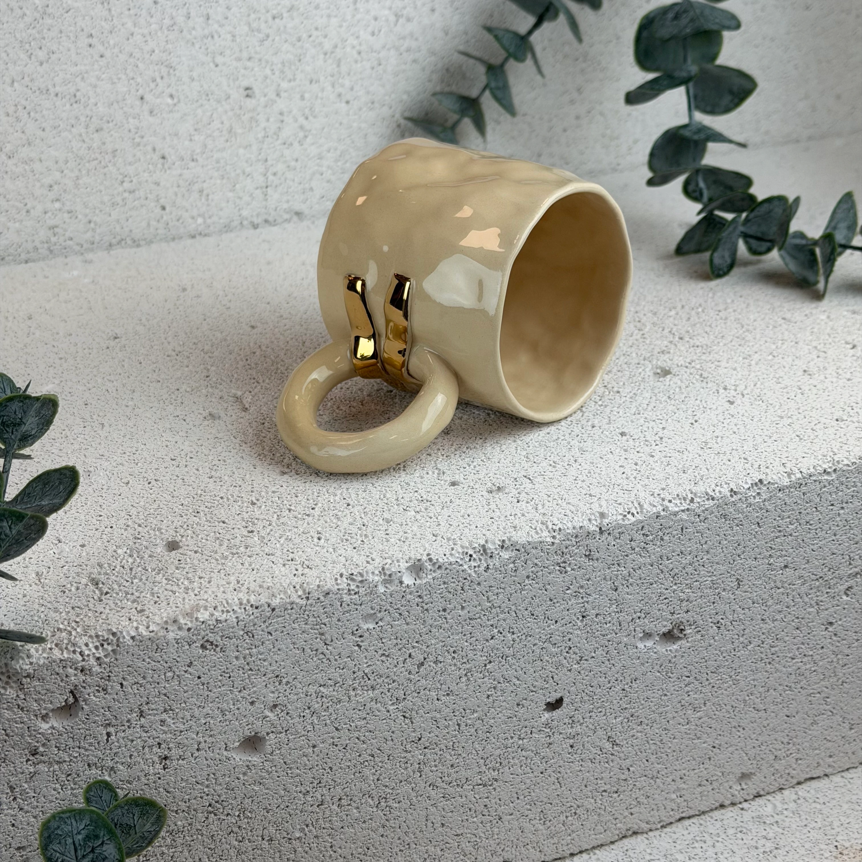 El yapımı Stoneware 24k altın detaylı 150ml 