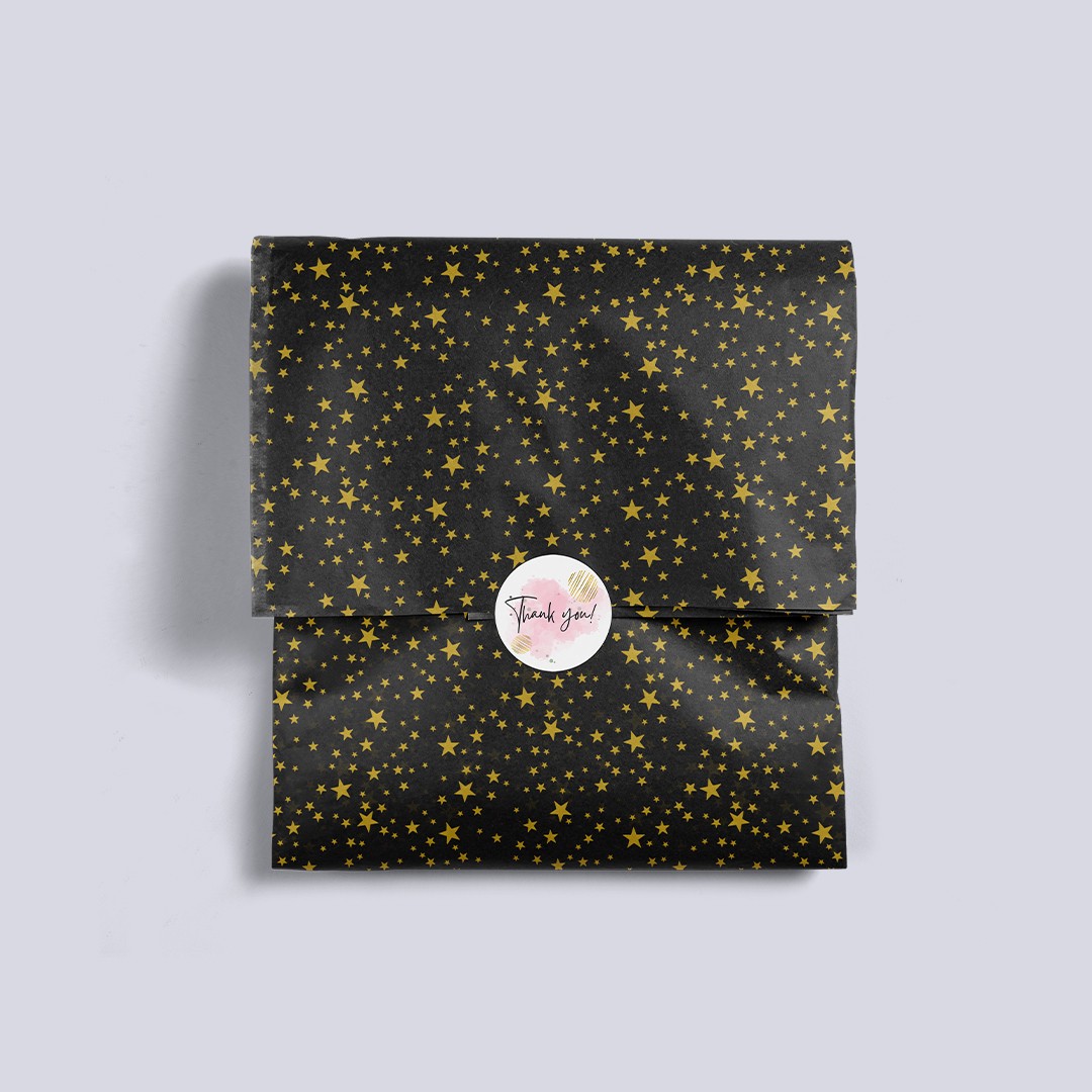 50x70 cm Doğa Dostu Gold Yıldız Desen Baskılı Siyah Renkli Pelur Kağıdı 30gr