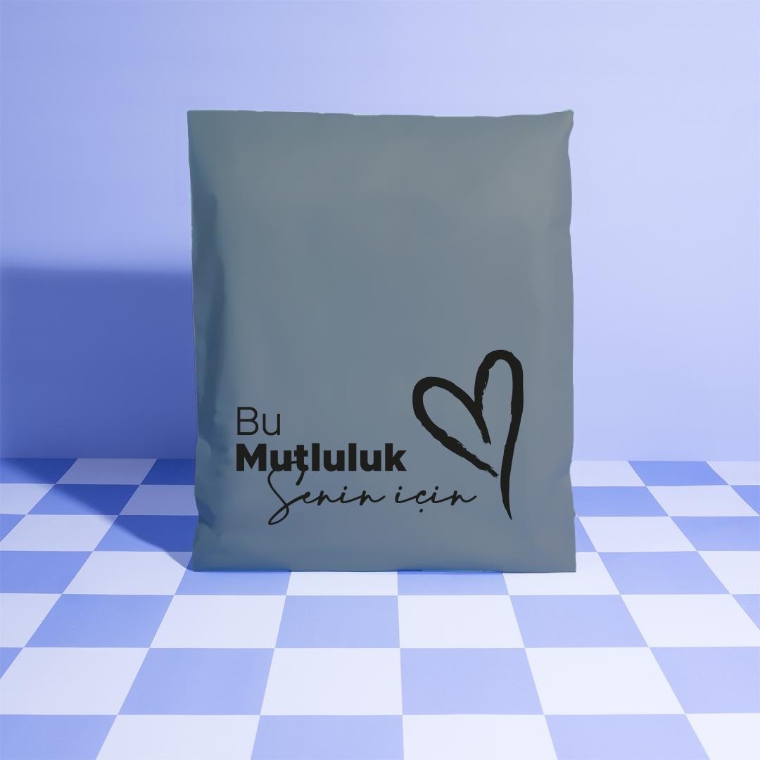 50x60 cm Gri Renk Mutluluk Baskılı Recycled Çevre Dostu Kargo Poşeti