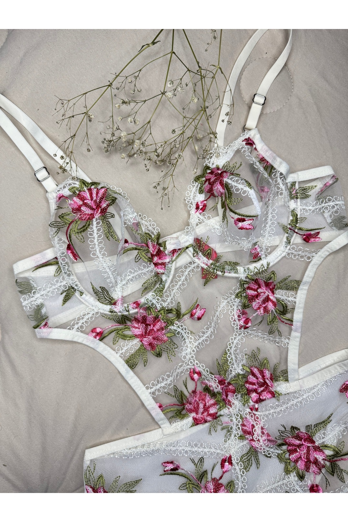 Bebe Mavi Dantelli Brode Balenli Kapsız Transparan Bodysuit - ekru pembe