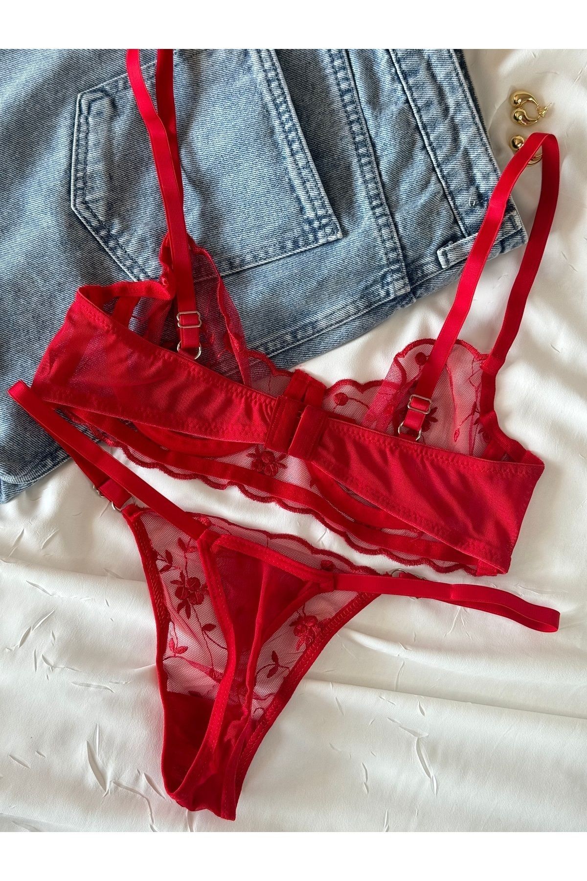 Transparan Tül Bralet Takım  - kırmızı