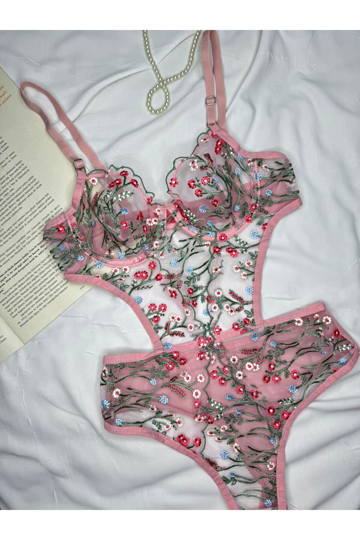 Bebe Mavi Dantelli Brode Balenli Kapsız Transparan Bodysuit - pudra yeşil