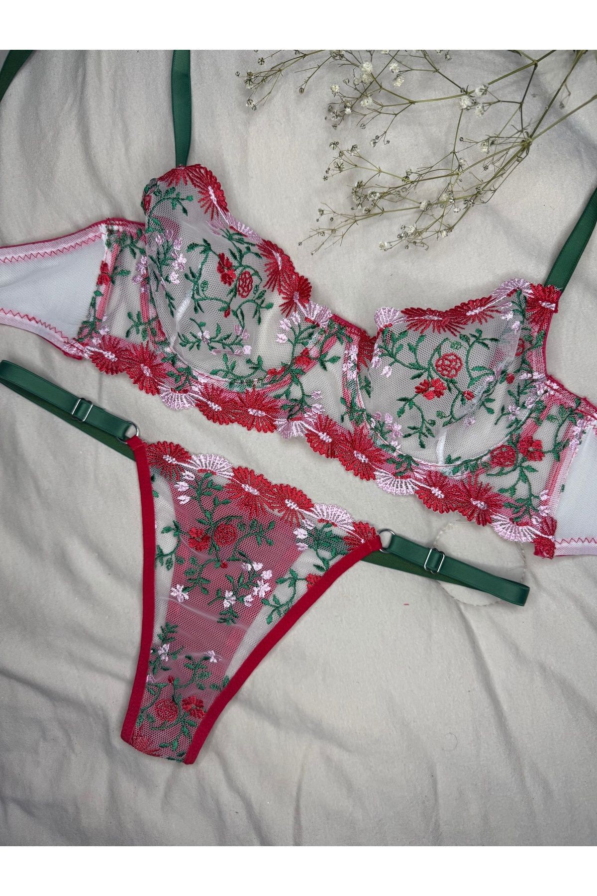 Transparan Tül Bralet Takım  - kırmızı yeşil