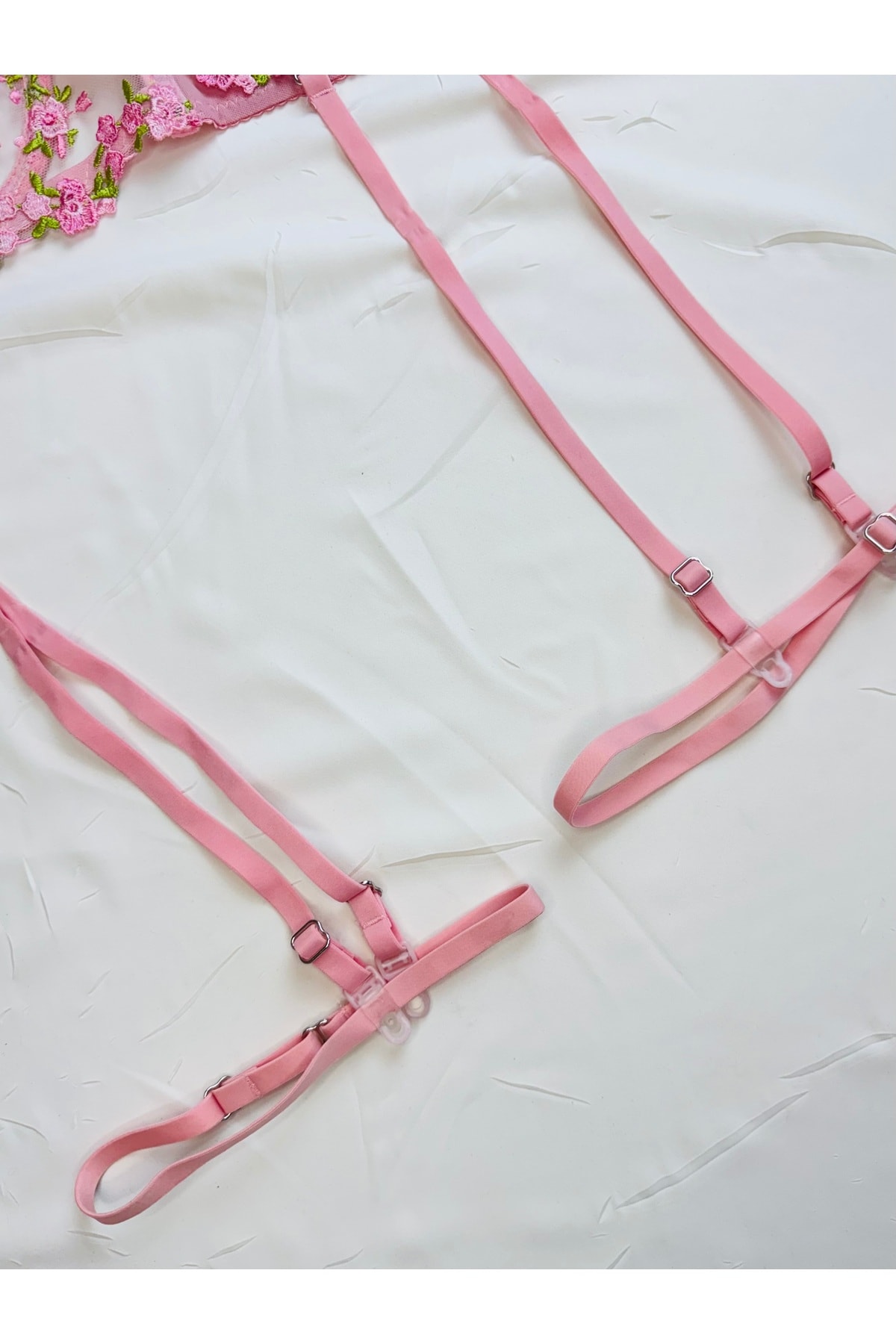 Dantelli 3'lü Set Transparan Fantezi Jartiyer Sütyen Takım - pembe yeşil
