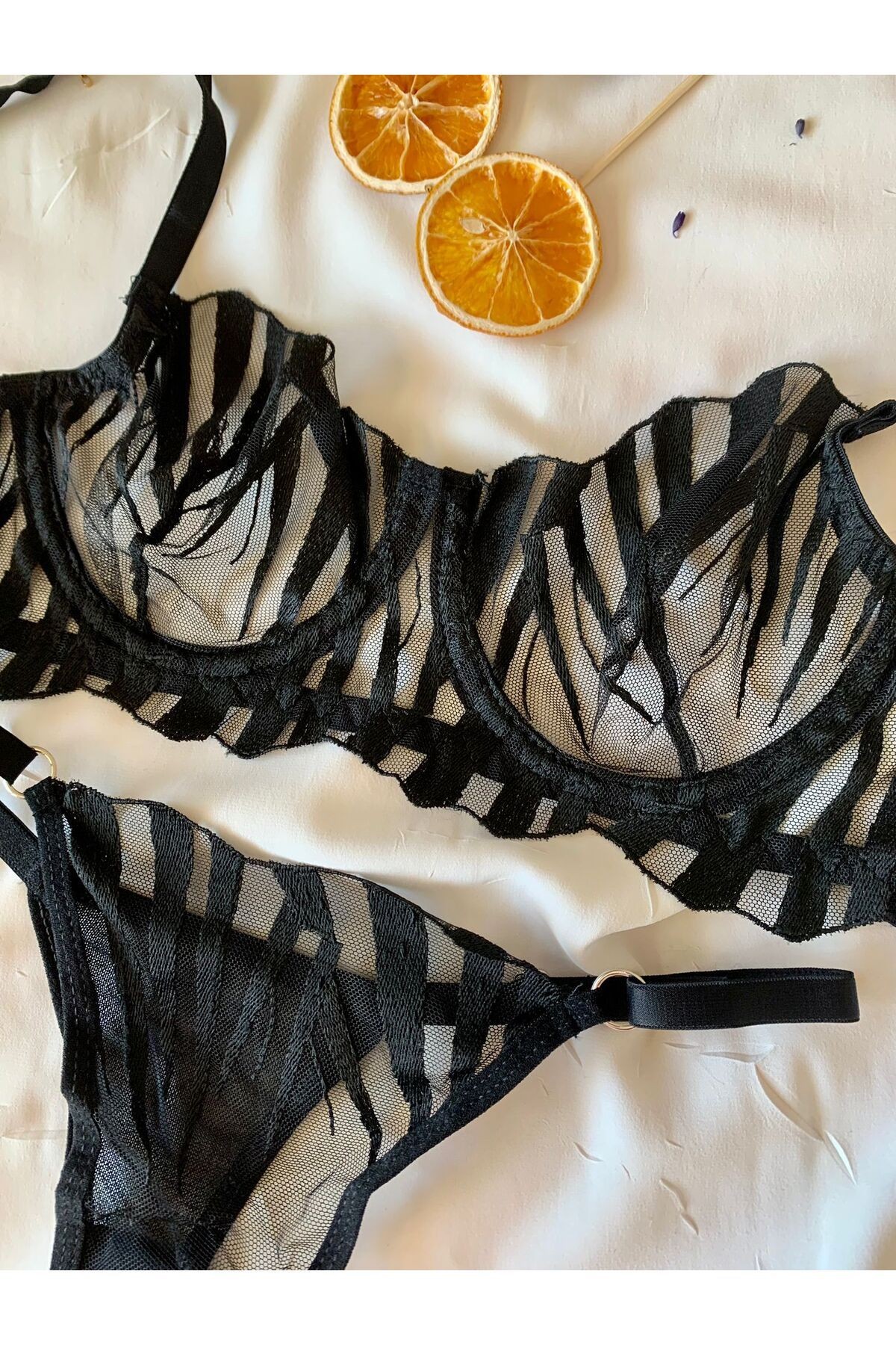Transparan Tül Bralet Takım  - siyah