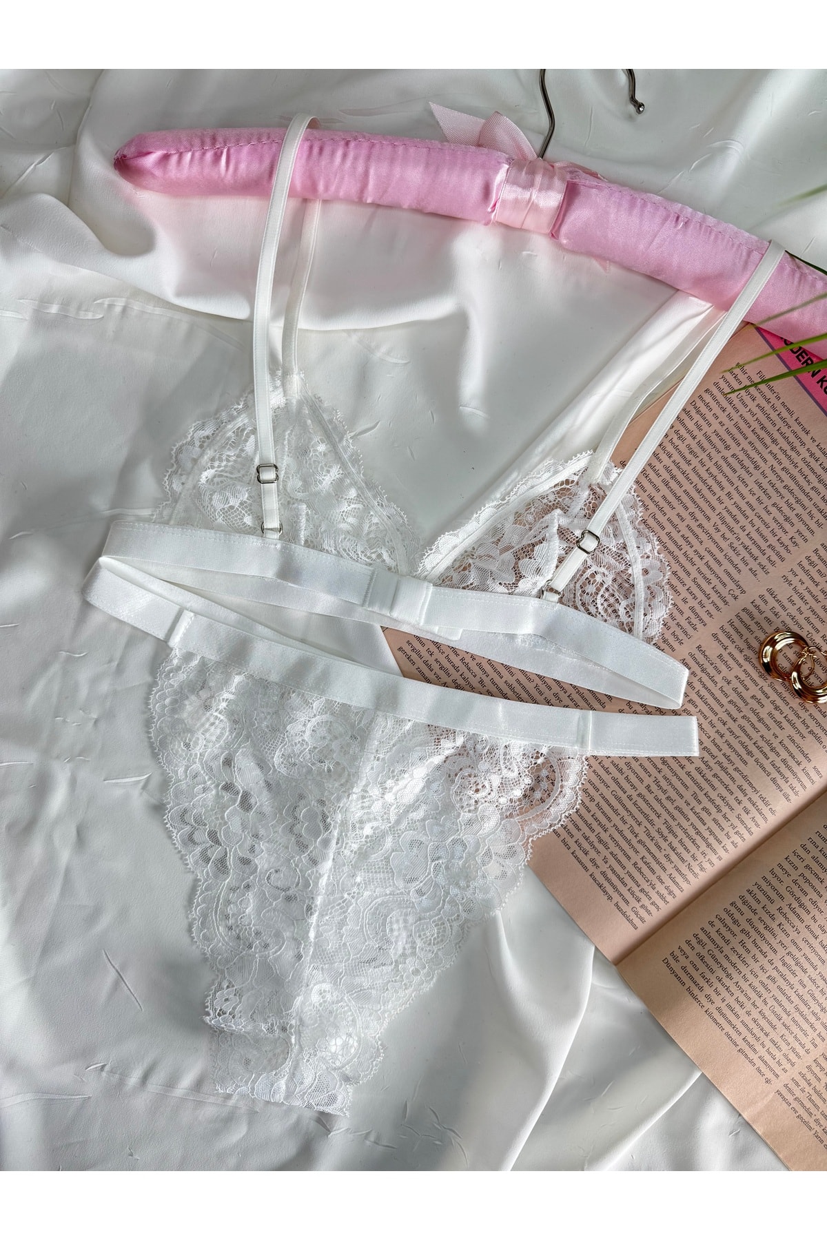Ekru Parlak Bant Detaylı Dantelli Bralet Sütyen Takımı - ekru
