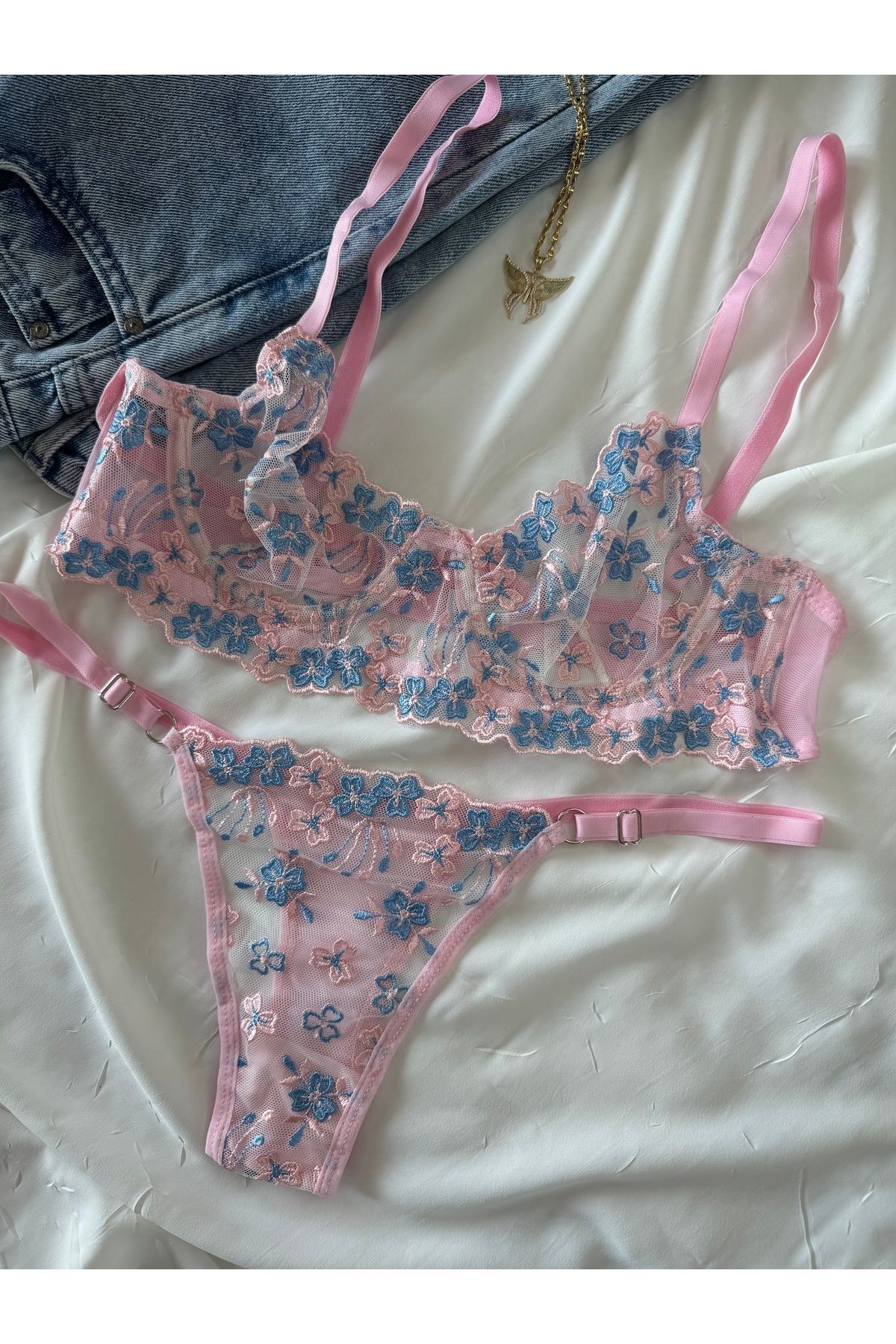 Transparan Tül Bralet Takım  - pembe mavi