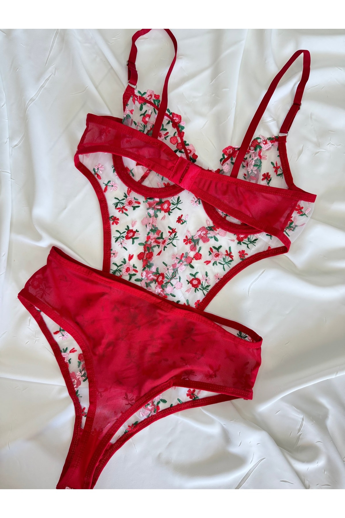 Bebe Mavi Dantelli Brode Balenli Kapsız Transparan Bodysuit - kırmızı yeşil