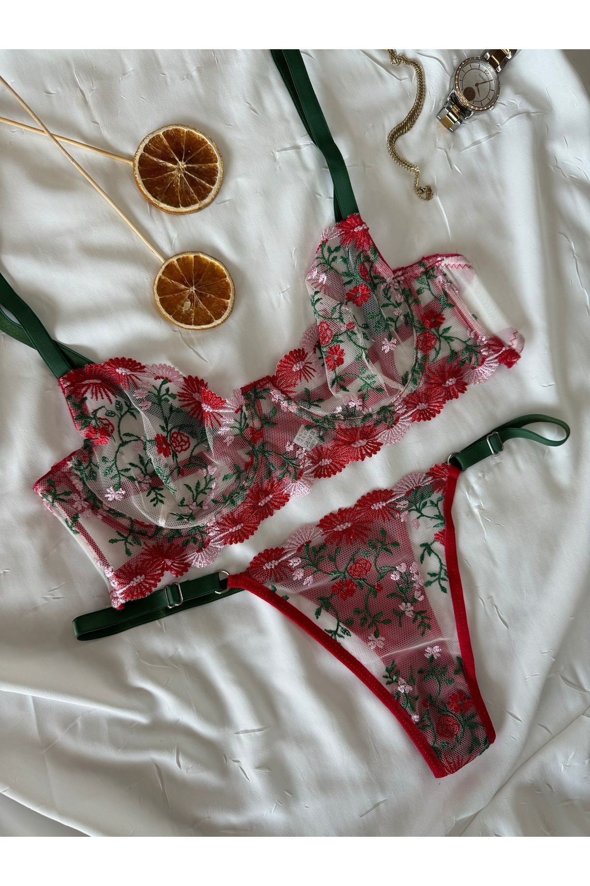 Transparan Tül Bralet Takım  - kırmızı yeşil