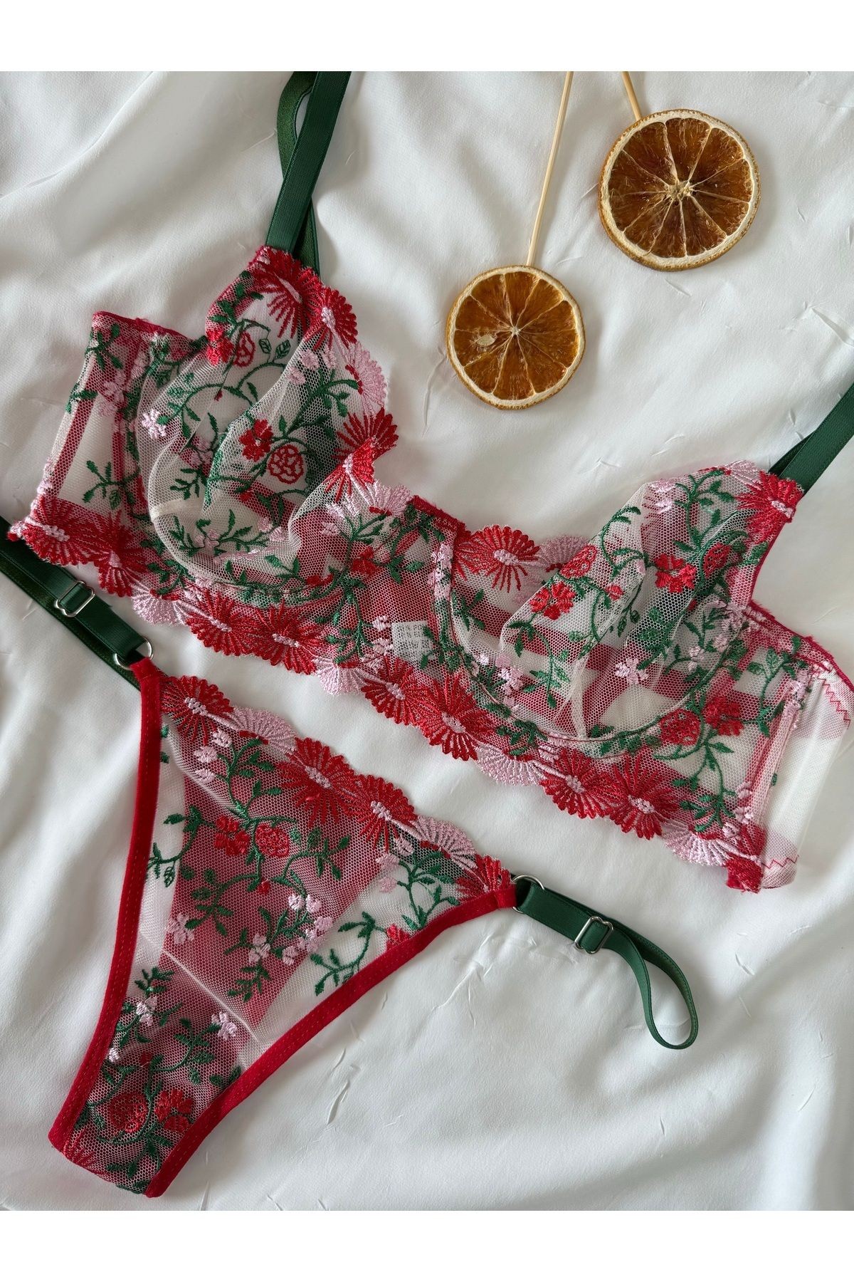 Transparan Tül Bralet Takım  - kırmızı yeşil