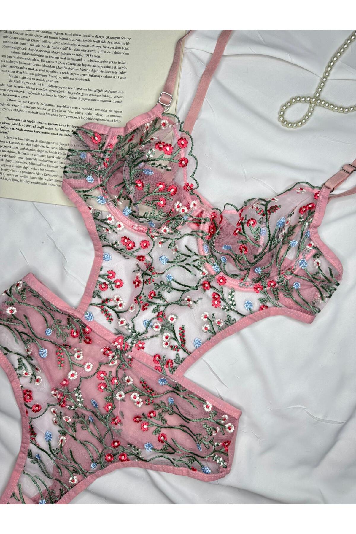 Bebe Mavi Dantelli Brode Balenli Kapsız Transparan Bodysuit - pudra yeşil