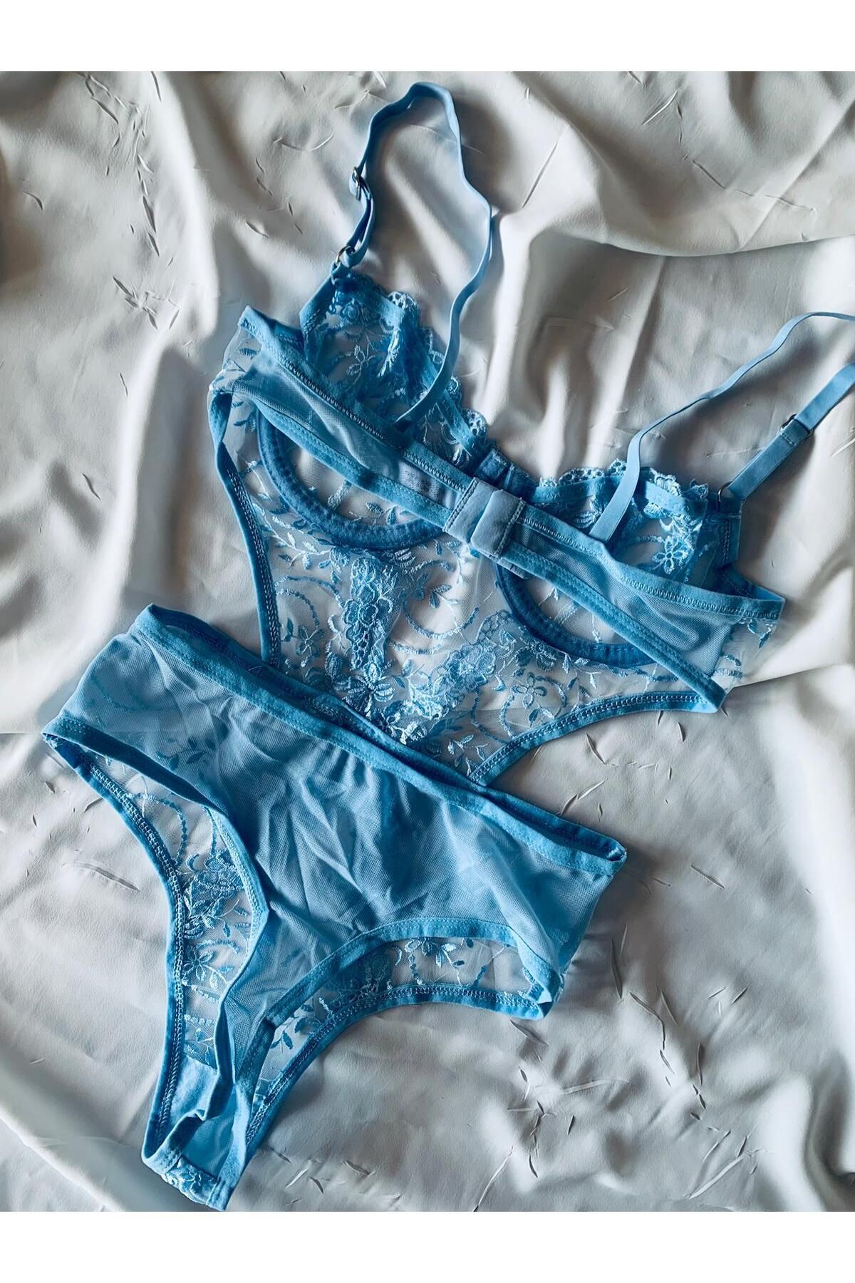 Bebe Mavi Dantelli Brode Balenli Kapsız Transparan Bodysuit - bebe mavi
