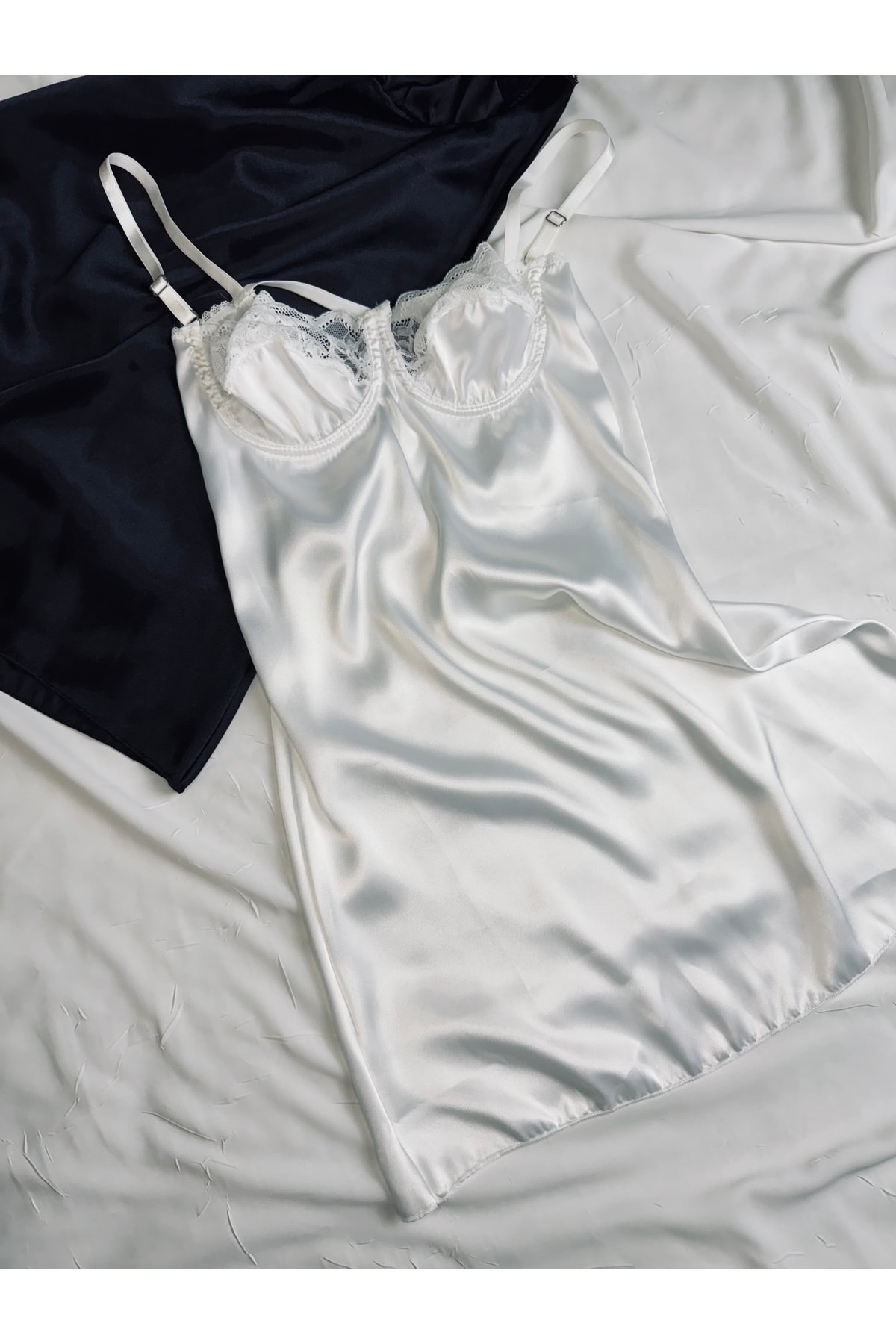 Ekru Saten Ayarlanabilir Askılı Dantelli Gecelik (BABYDOLL) - beyaz