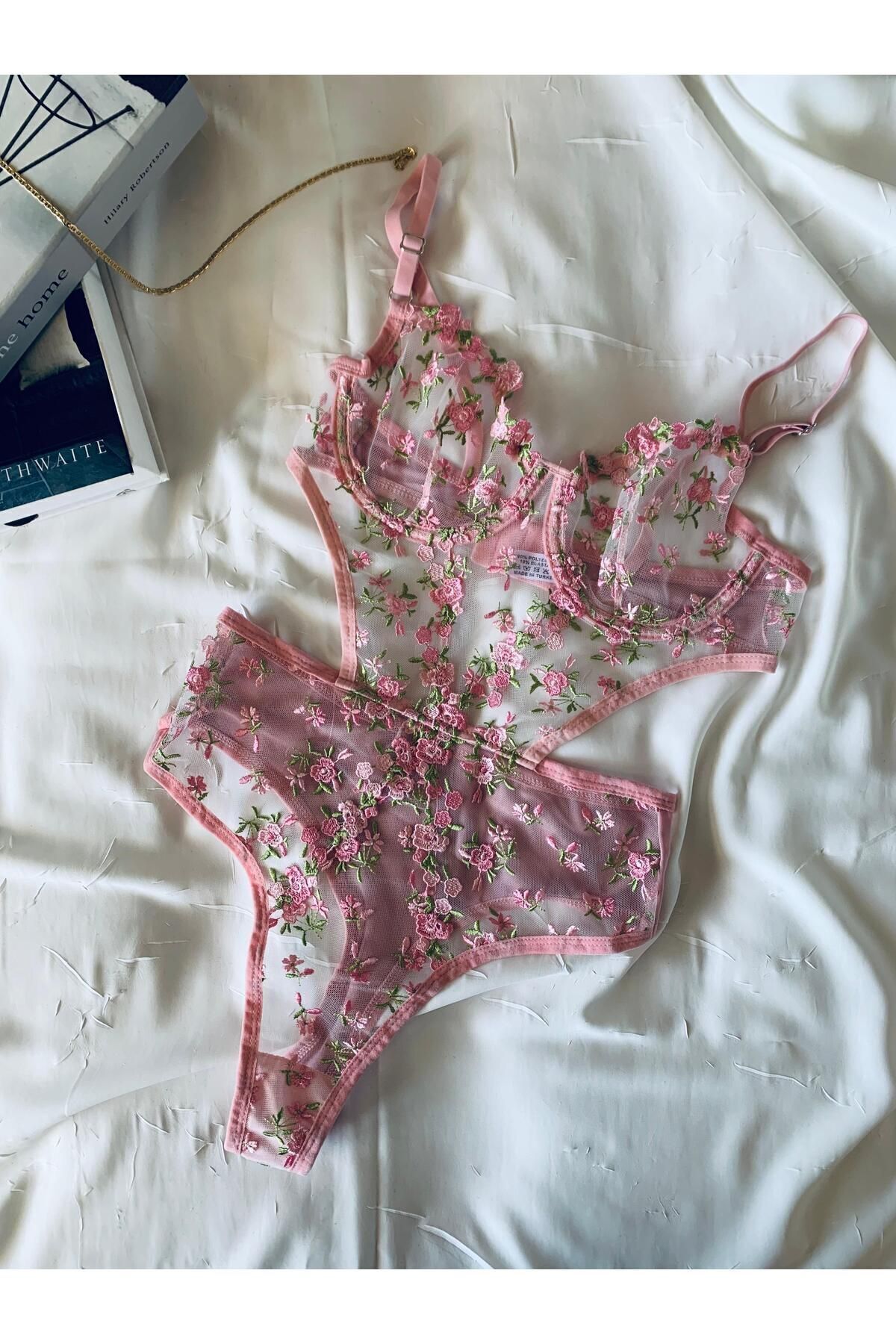 Bebe Mavi Dantelli Brode Balenli Kapsız Transparan Bodysuit - pembe-yeşil