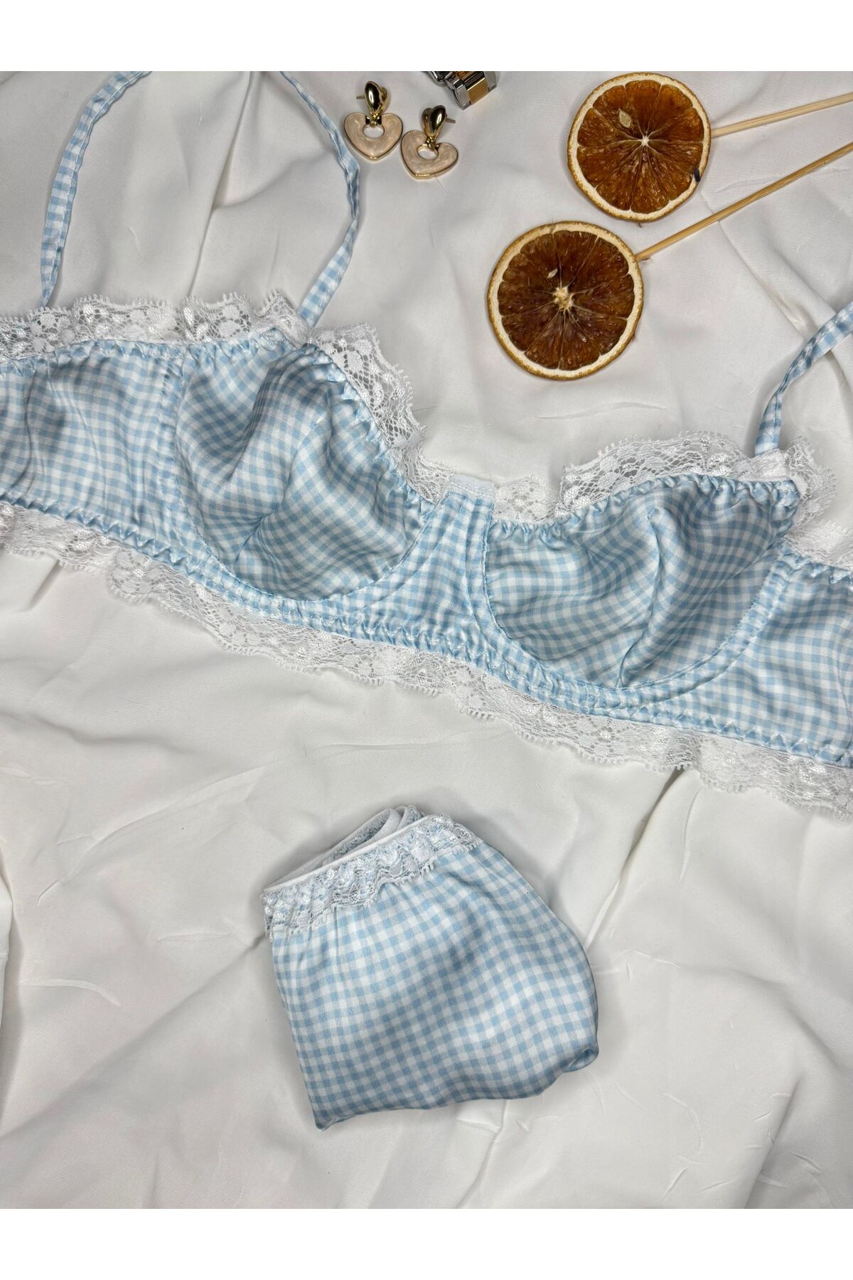 Leopar Desenli İpeksi Saten Dantel Detaylı Bralet İç Çamaşır Takımı (Sütyen-Külot) - mavi